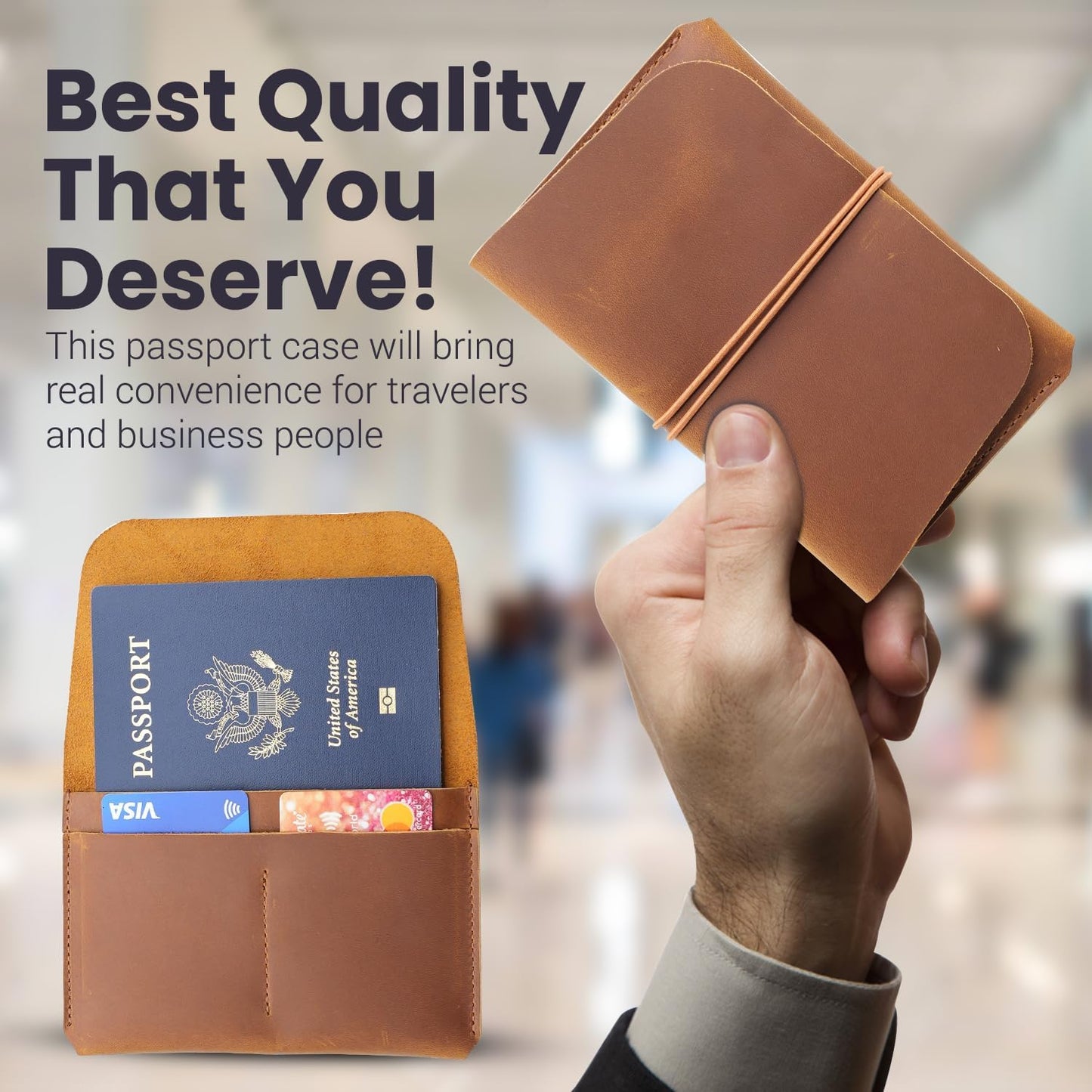 Leather Passport Holder with Travel Wallet, Genuine Leather Passport Cover- Passport Wallet, Leather Folding Wallet for Passports (Strap, Brown)