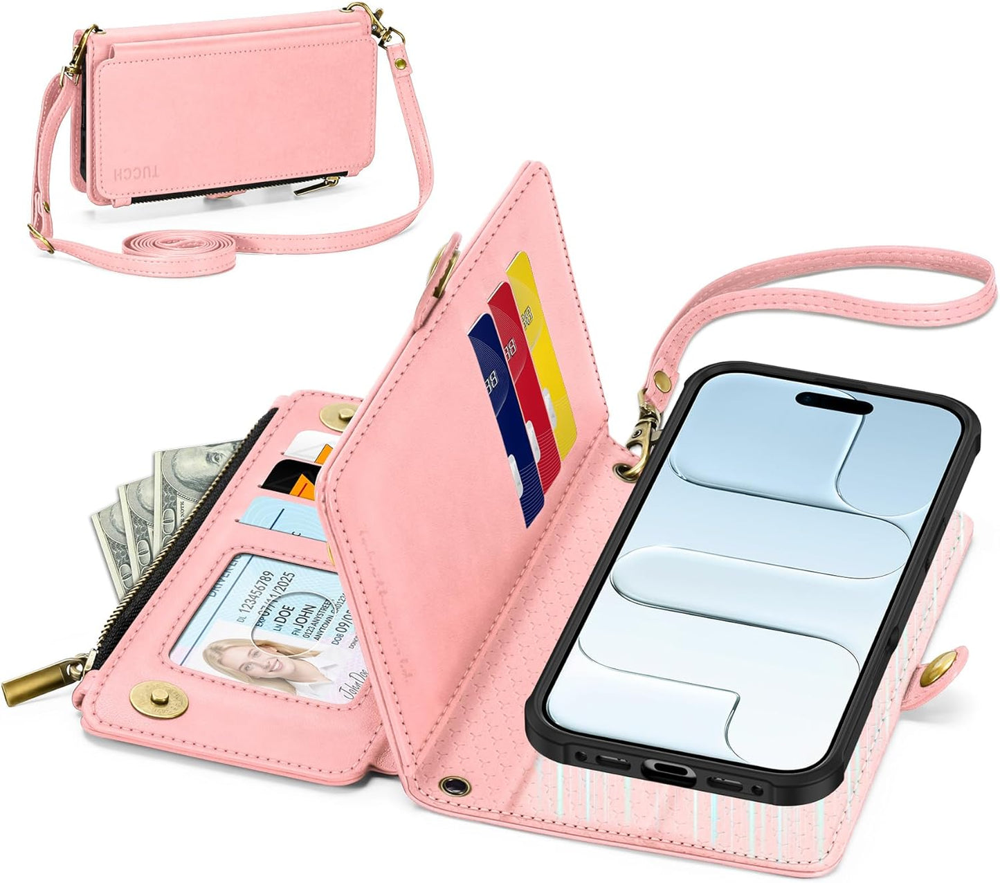 TUCCH Detachable Crossbody Wallet Case for iPhone Air 6.5", 9 Card Slots RFID Blocking | Stand | Lanyard Wrist Strap | Wireless Charging | Zipper Pocket | PU Leather Magnetic Flip Cover | Rose Gold