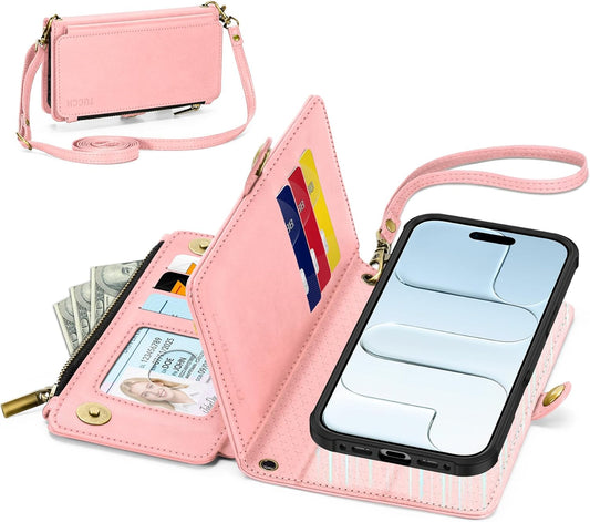 TUCCH Detachable Crossbody Wallet Case for iPhone Air 6.5", 9 Card Slots RFID Blocking | Stand | Lanyard Wrist Strap | Wireless Charging | Zipper Pocket | PU Leather Magnetic Flip Cover | Rose Gold