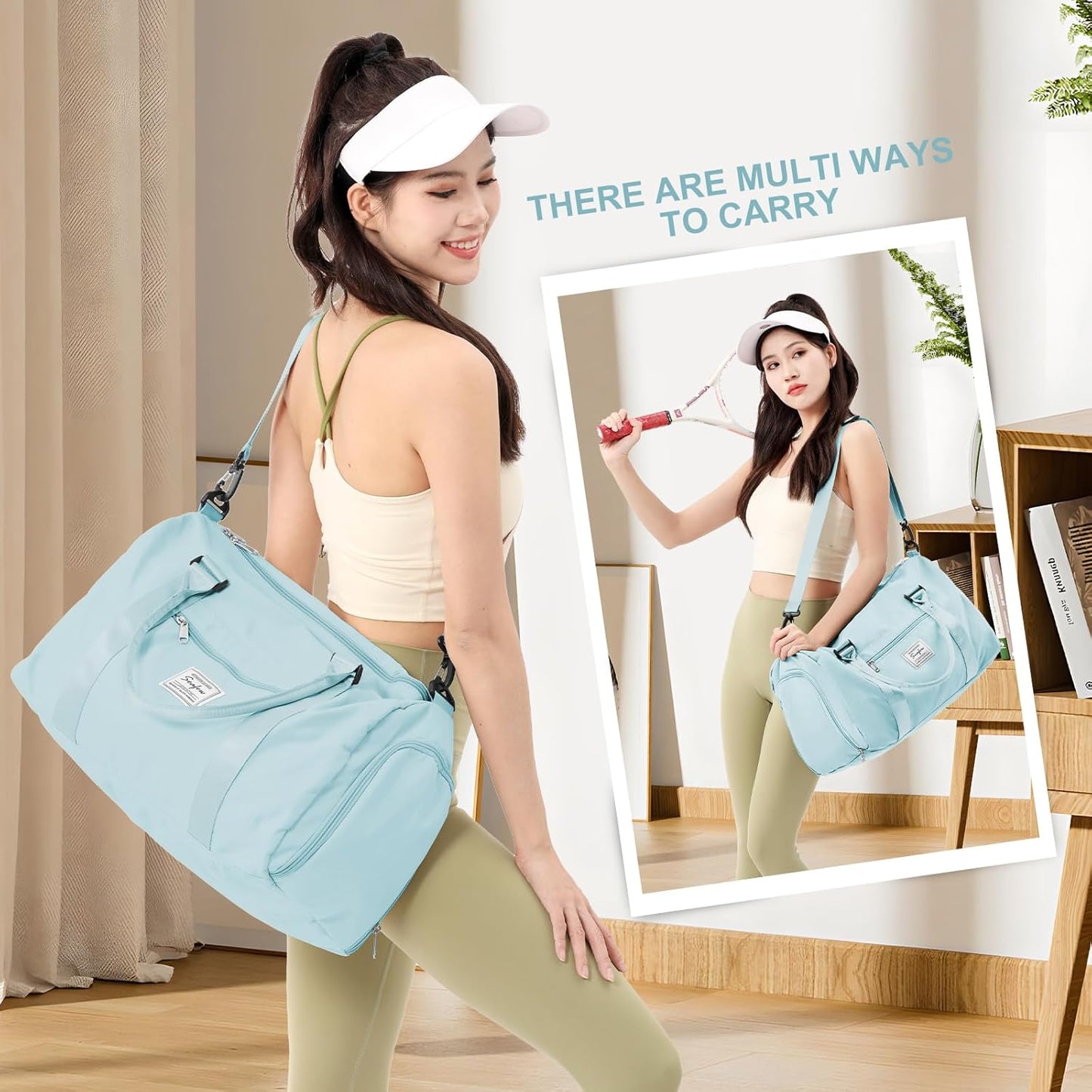 Gym Bag for Women with Shoes Compartment,Small Travel Duffel Bag with Toiletry Bags Sport Tote Overnight Weekender Carry on Personal Item Bags for Airlines Ligh Blue