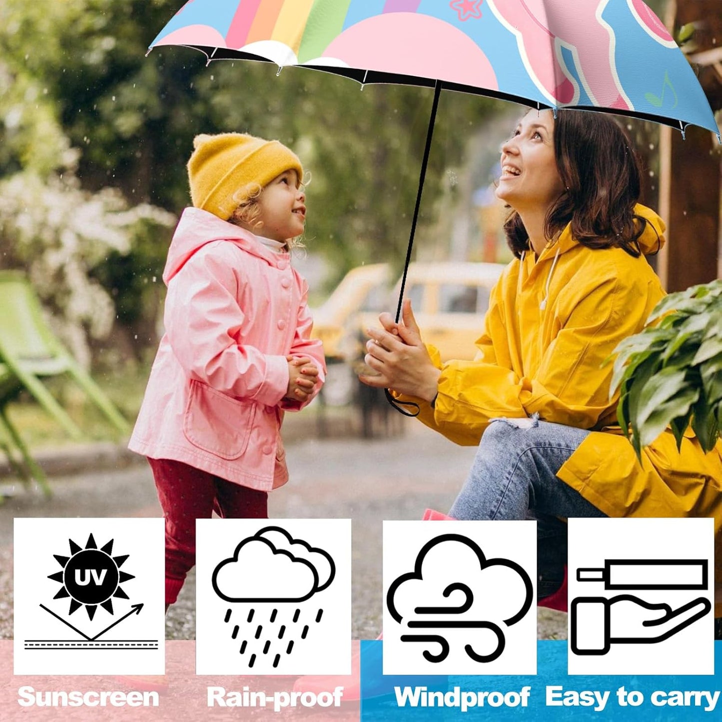 Small Travel Folding Umbrella for Girl, Portable, UV, SunShade, Compact, Automatic, Rain & Wind