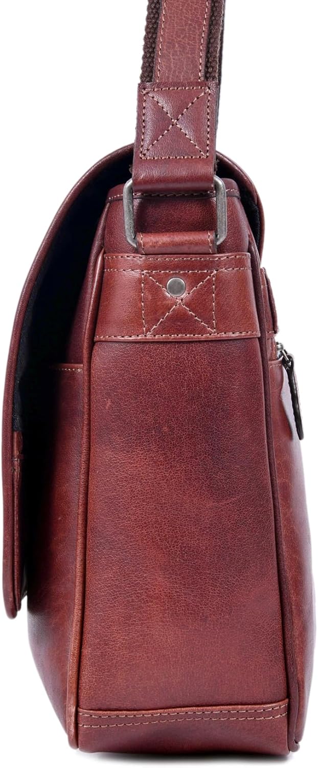 16" Crossbody Bag Leather Laptop Messenger Bag For Men with trolley sleeve for school office (Dark Brown)