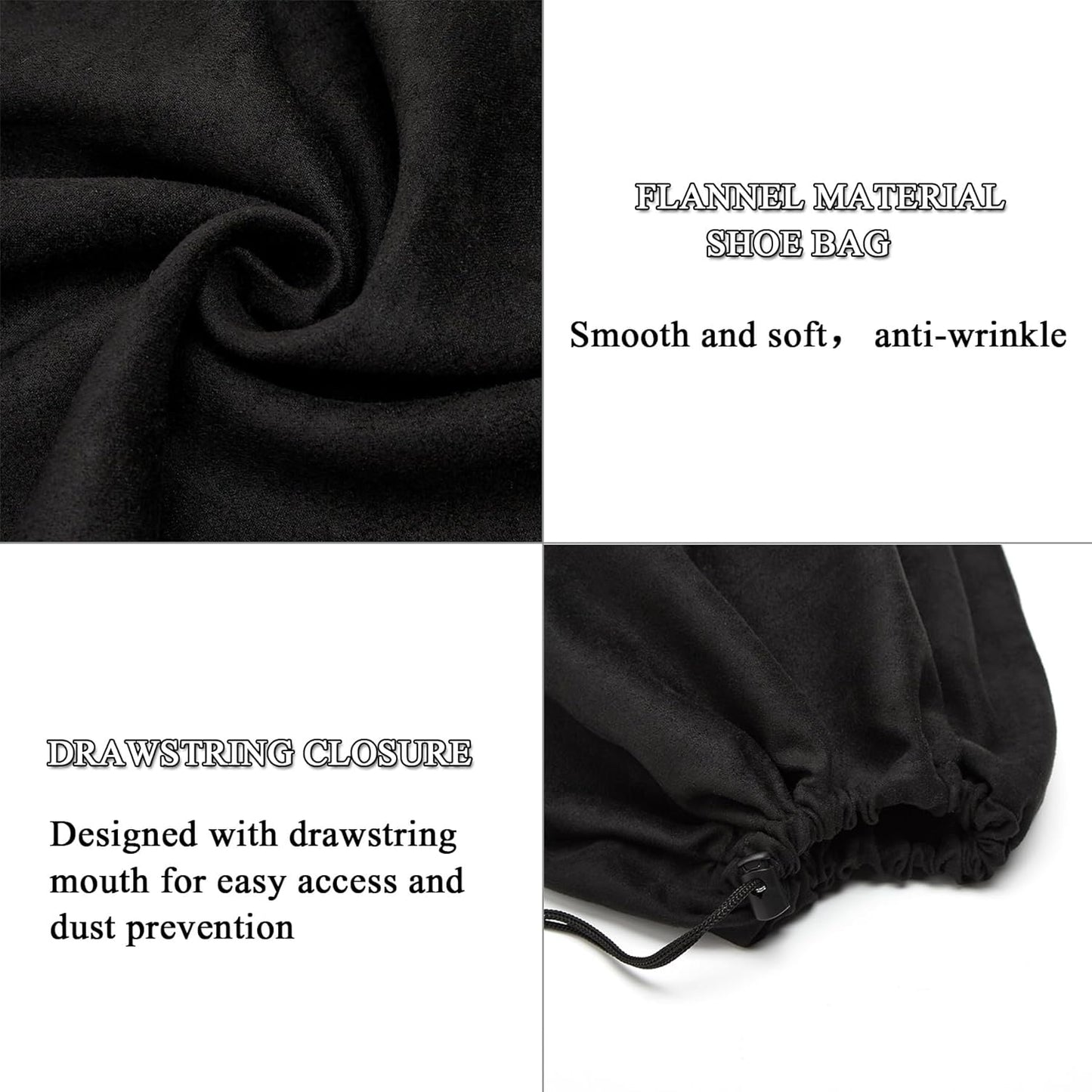 LAKE OF FIRE 4-Piece Travel Shoe Bags for Packing, 17.7" x 13.8" Dustproof Shoe Bags - Flannel Shoe Pouch with Drawstring Closure,Washable & Reusable(Black)