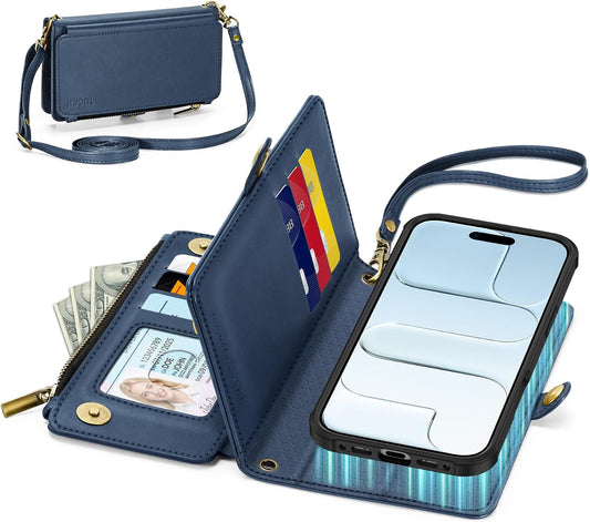 TUCCH Crossbody Detachable Wallet Case for iPhone Air 6.5" 2025, 9 Card Holders RFID Blocking, Wireless Charging, Stand, Wrist Strap, Lanyard, Zipper Pocket, PU Leather Shockproof Cover, Dark Blue