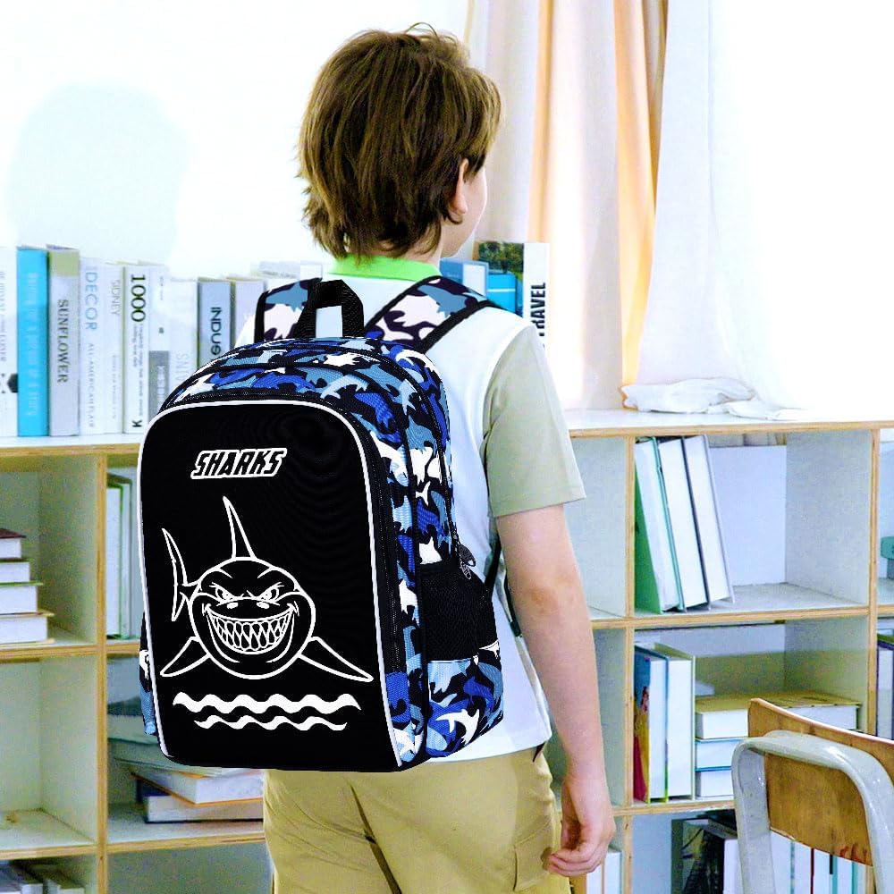 17 Inches Glow in The Dark Shark Backpack for Boys, 3Pcs School Bookbag Set for Teens, Laptop Backpacks with Lunch Bag(Blue)