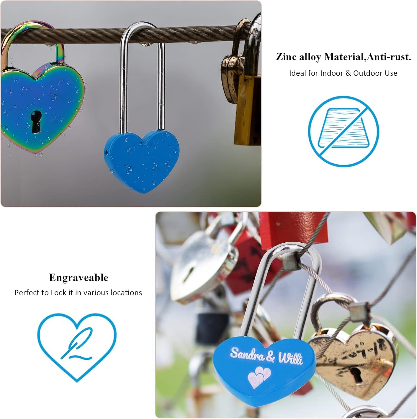 10PCS 3.5" 50mm Love Lock Heart Padlock,Blue Single Heart Wish Lock for Lovers Wedding,Valentines,Anniversary,Travel(NO Key)