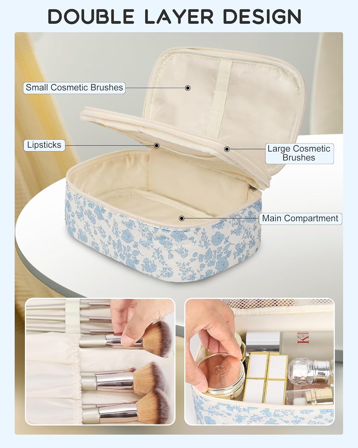 Relavel Travel Makeup Bag, Small Floral Cosmetic Bag with Makeup Brush Compartment, Portable Makeup Pouch for Women, Double Layer Makeup Organizer Bag Cute Toiletry Bag