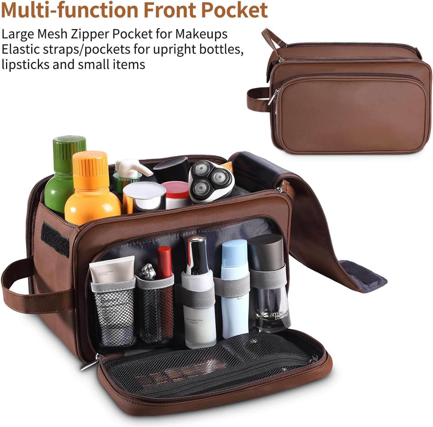 Buruis Extra Large Toiletry Bag for Men, Travel Toiletry Organizer Dopp Kit Water-resistant Shaving Bags, PU Leather Cosmetic Bathroom Shower Bag for Toiletries, Grooming, Accessories (Brown)