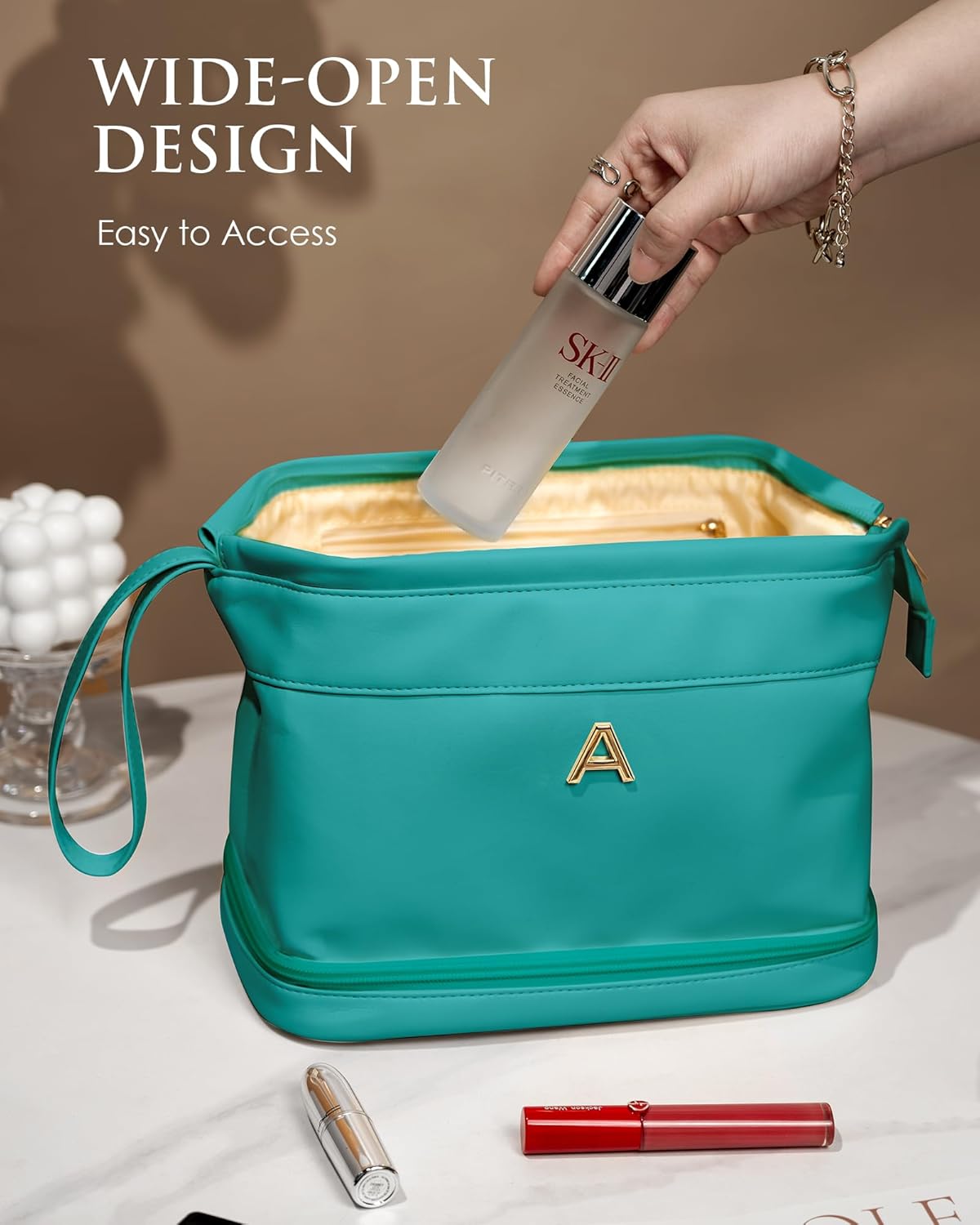 Teen Girl Gift Ideas, Birthday Gift for Her, Makeup Bags, Waterproof Double Layer Cosmetic Bag, Large Capacity PU Leather Makeup Bags Letter Travel Toiletry Bag, Initial Gifts for Coworkers