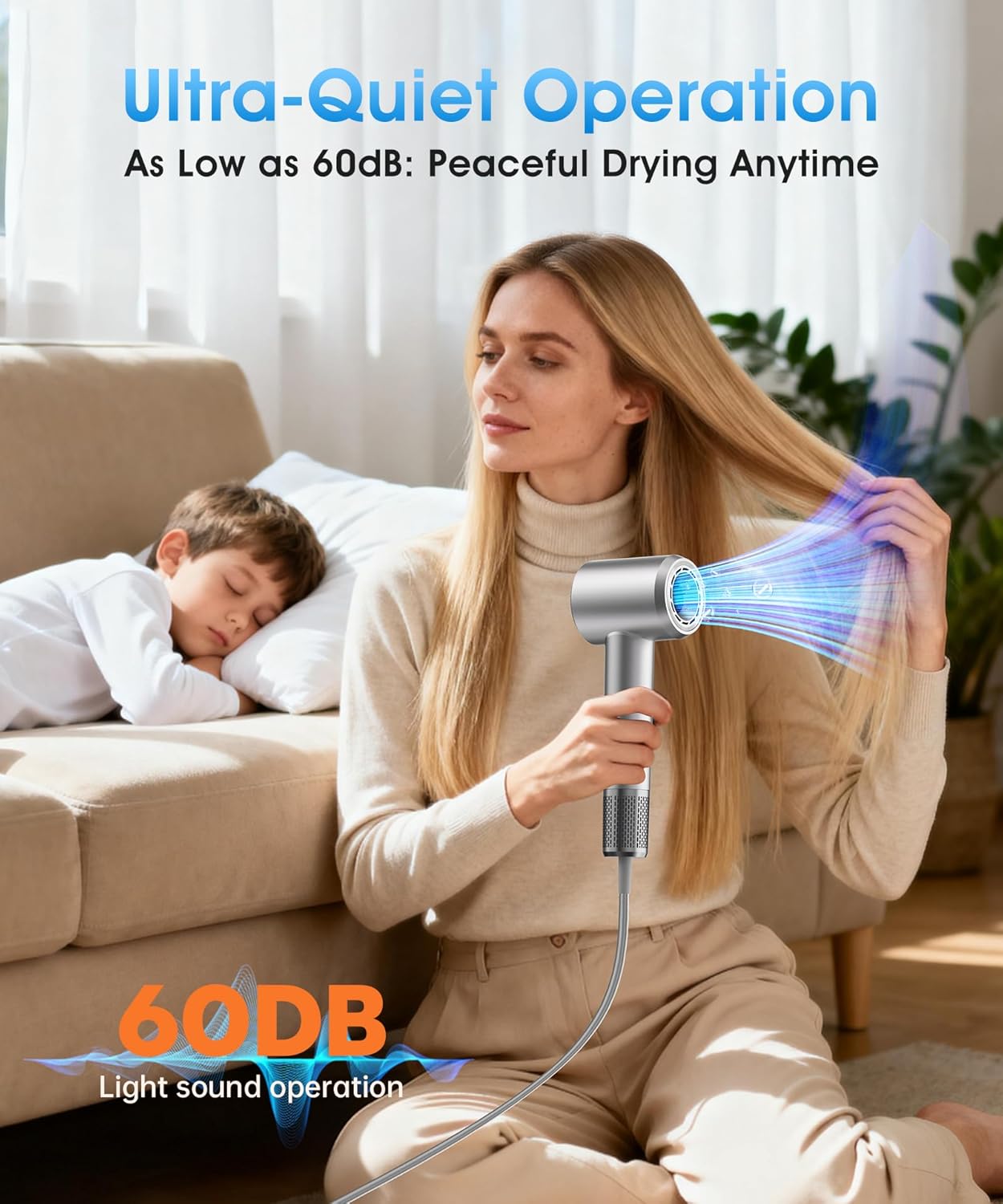 High-Speed Ionic Hair Dryer with Diffuser, 150,000 RPM Brushless Motor Blow Dryer for Fast Drying & 500M Negative Ionic Frizz Control, Low Noise Compact Hair Dryer for Women Home Travel Salon