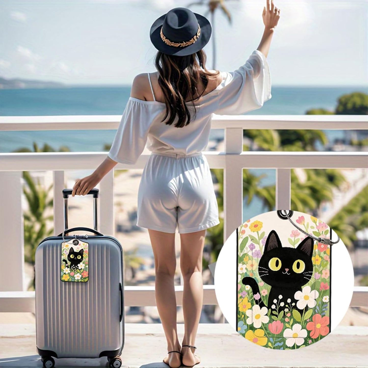 2 Pack Black Cat Leather Luggage Tags for Suitcases, Travel Bag Tags with Privacy Cover ID Label with Stainless Steel Loop for Women Men Girls Backpack Gift (Beige Black)