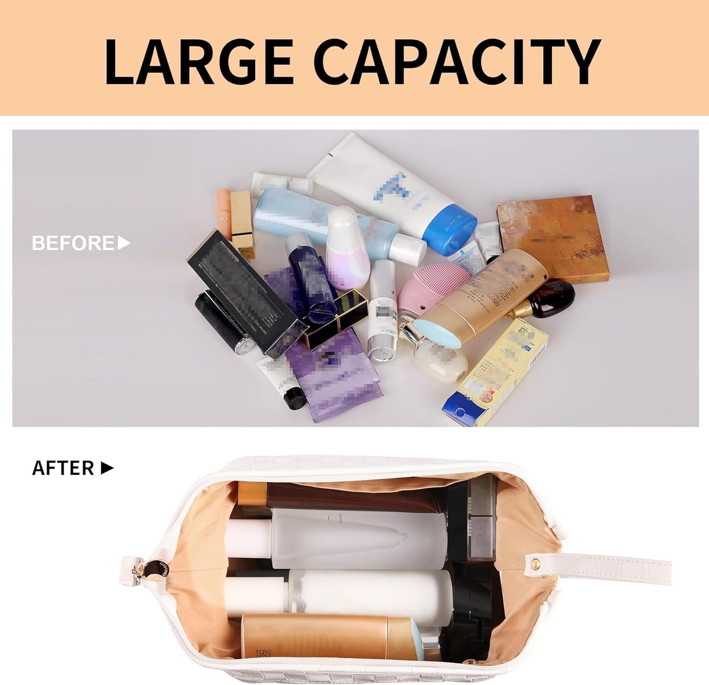 Abiudeng Large Capacity Makeup Bag Ladies Cosmetic Bag Travel Bag with Compartments Portable PU Leather Travel Makeup Bag with Handle