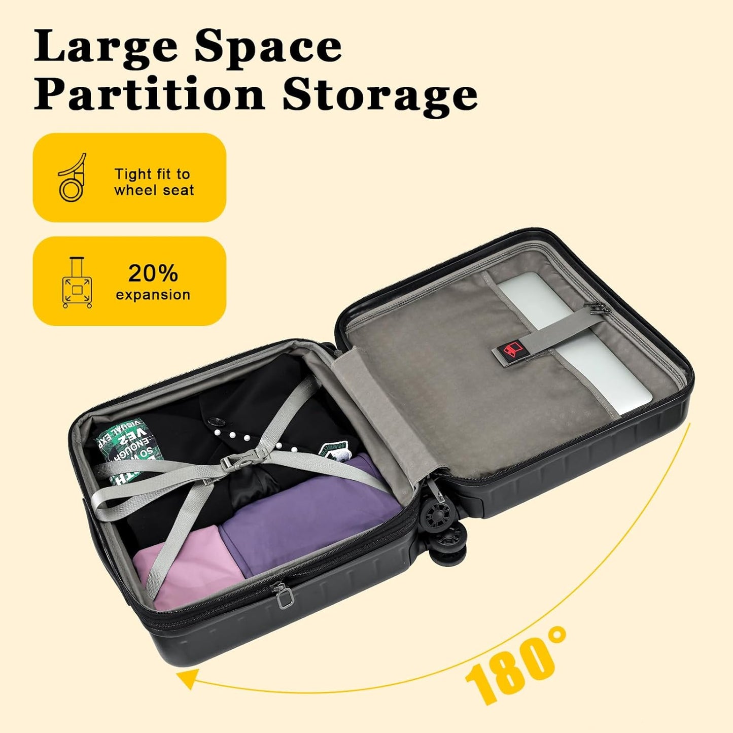 16 Inch Carry On Luggage Airline Approved, Expandable Lightweight ABS+PC Hard Shell Suitcases with 360° Spinner Wheels, TSA Lock, YKK Zippers (Black)