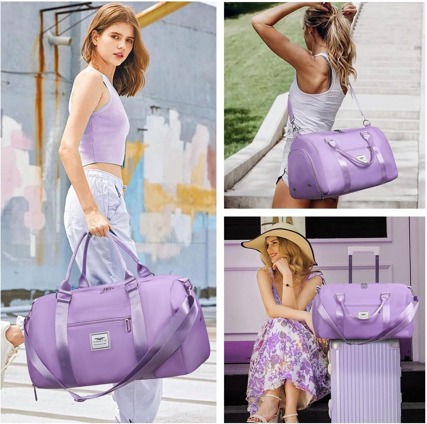FIORETTO Womens Gym Tote Duffle Bag with Toiletry Bag, Sports Duffel Overnight Hospital Workout Carry on Bag for Girls with Wet Pocket & Shoe Compartment, Ideal for Travel, Swimming, Dance Purple