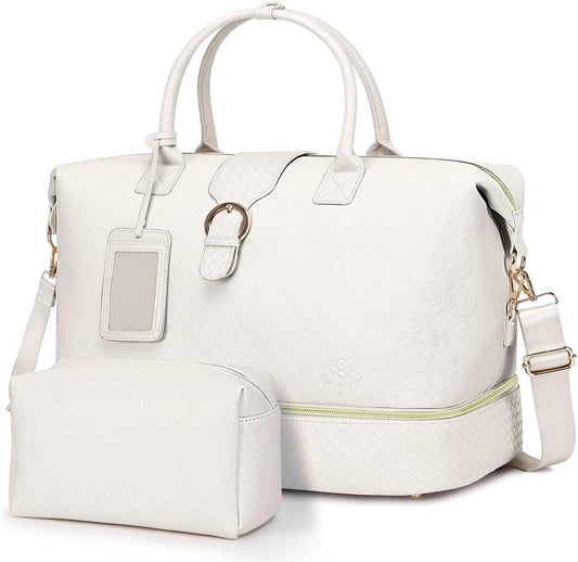 Leather Weekender Bags for Women, Travel Duffel Bag PU Overnight Bag Carry On Tote Bag with Shoe Compartment Wet Pocket