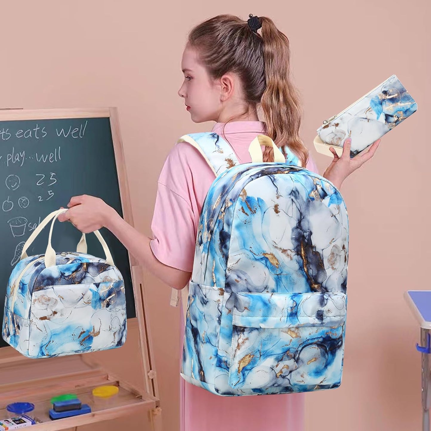 LEDAOU Backpack for Girls School Bag Kids Bookbag Teen Backpack Set Daypack with Lunch Bag and Pencil Case