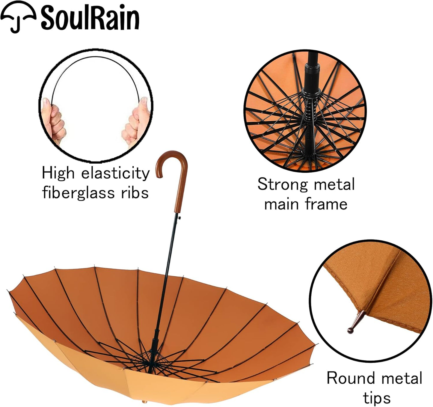 SoulRain 16 Ribs 48" Stick Umbrella Auto Open Solid Color Fashionable and Simple，Arc Classic Wood Handle，Windproof Unbreakable Stick Rain Umbrella