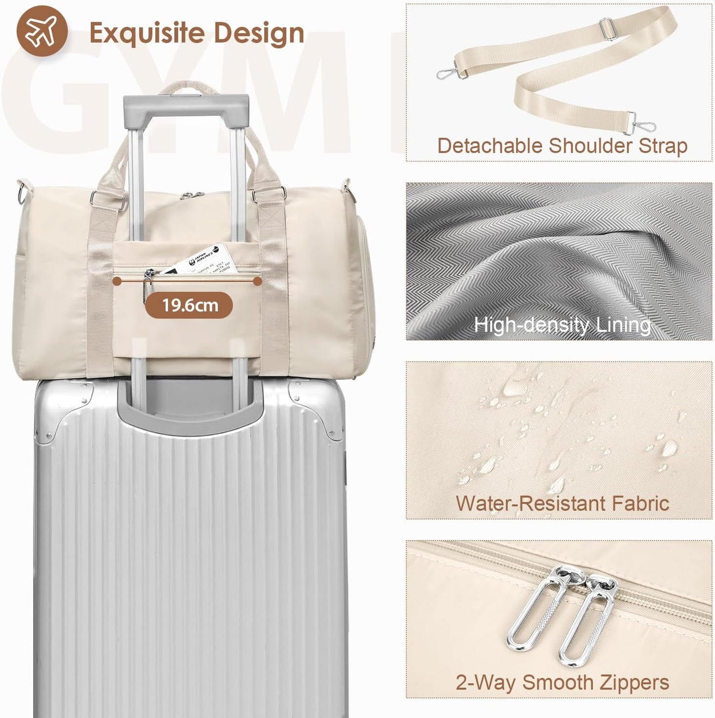 FIORETTO Womens Gym Tote Duffle Bag with Toiletry Bag, Sports Duffel Overnight Hospital Workout Carry on Bag for Girls with Wet Pocket & Shoe Compartment, Ideal for Travel, Swimming, Dance Beige