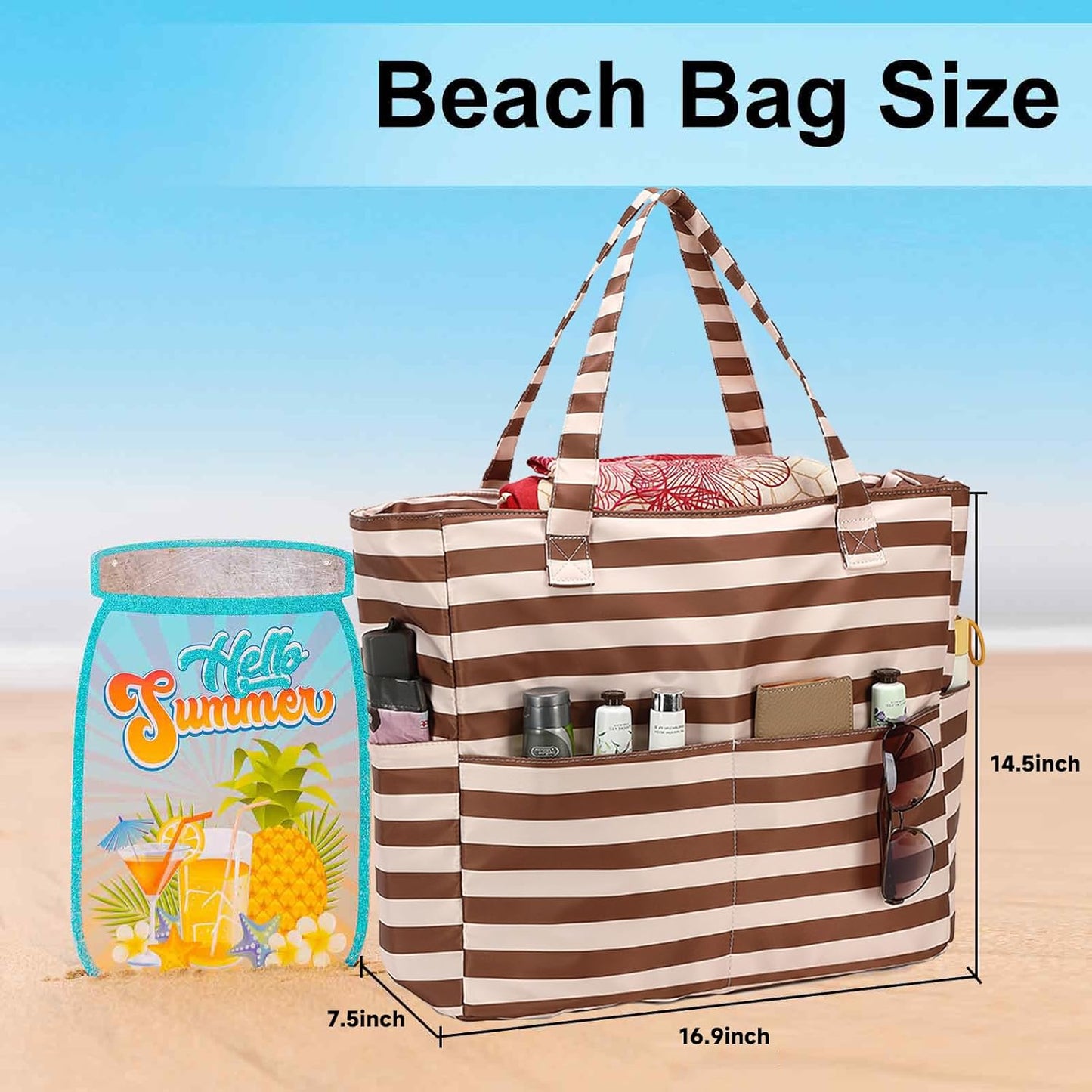 LEDAOU Beach Bag Waterproof Sandproof Women Tote Bag Pool Bag with Zipper for Gym Grocery Travel with Wet Pocket