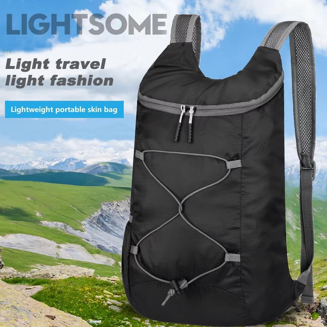 16L Lightweight Foldable Hiking-Backpack Small Packable-Daypack For Travel,Ultralight Water-Resistant Gym Bag Men Women Easy Carry-on (Black&Gray)