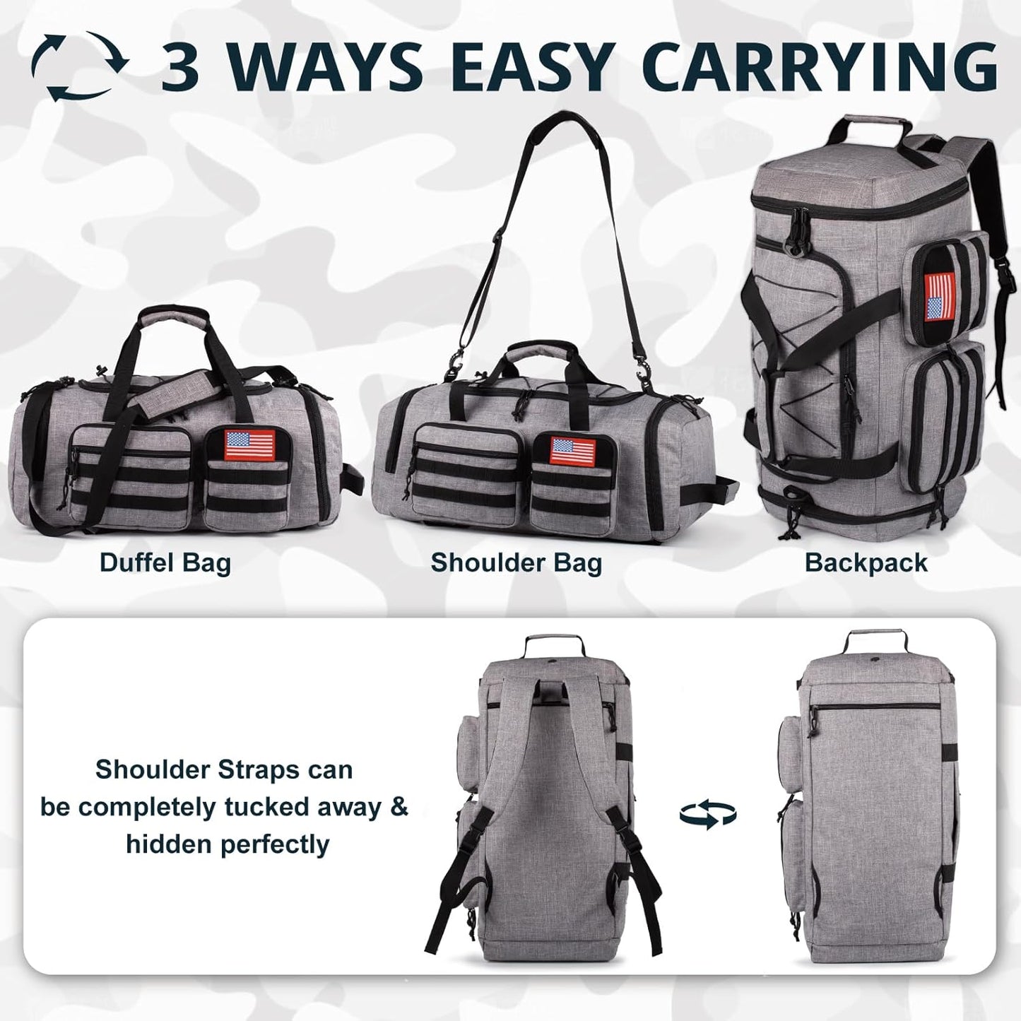 Tactical Gym Bag for Men，50L Large 3 in 1 Sports Duffle Bag with Shoes Compartment for Travel,Water Resistant Travel Backpack Weekender Overnight Bag with Wet Pocket for Women