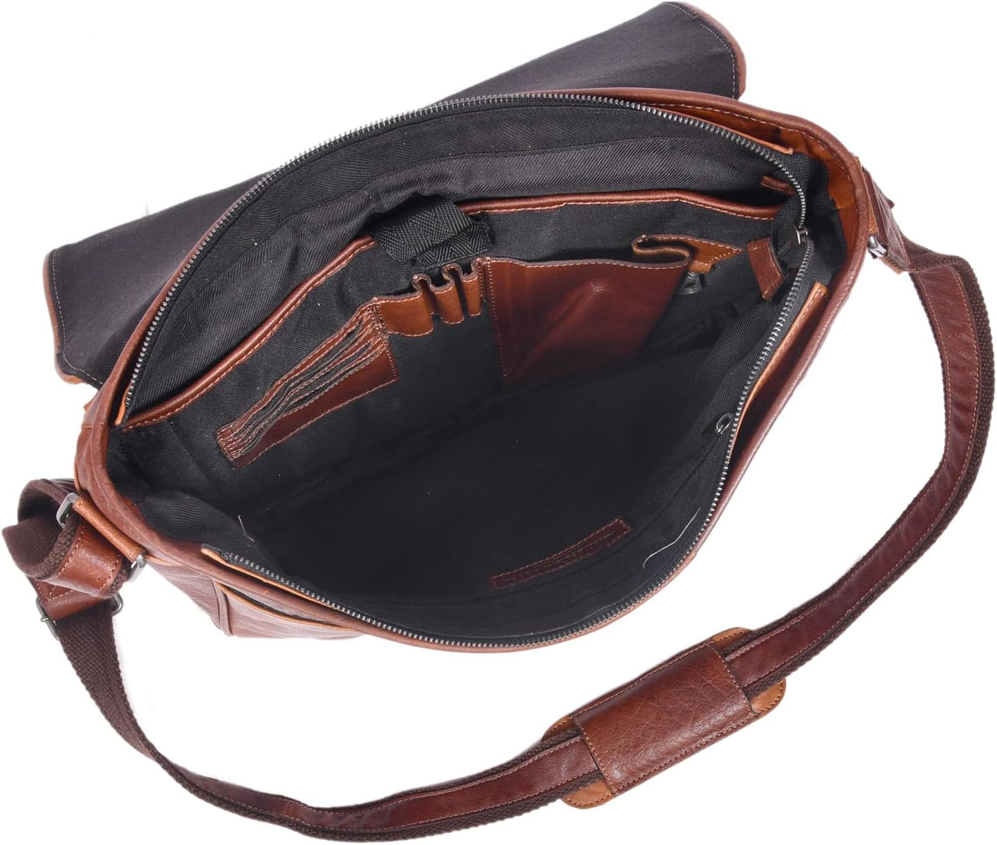 16" Crossbody Bag Leather Laptop Messenger Bag For Men with trolley sleeve for school office (Cognac Brown)