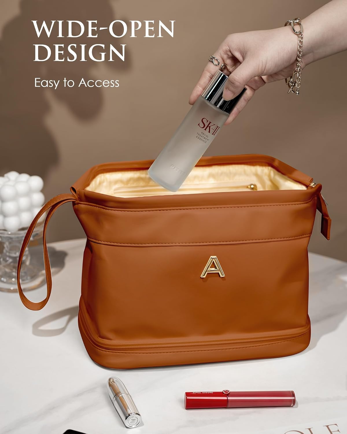 Women Gift Ideas, Personalized Makeup Bag, Monogrammed Gifts, Initial Double Layer Cosmetic Bag with Makeup Brush Organizer, Travel Toiletry Bag, Gifts for Friends Female Mom, Teen Girl Gifts