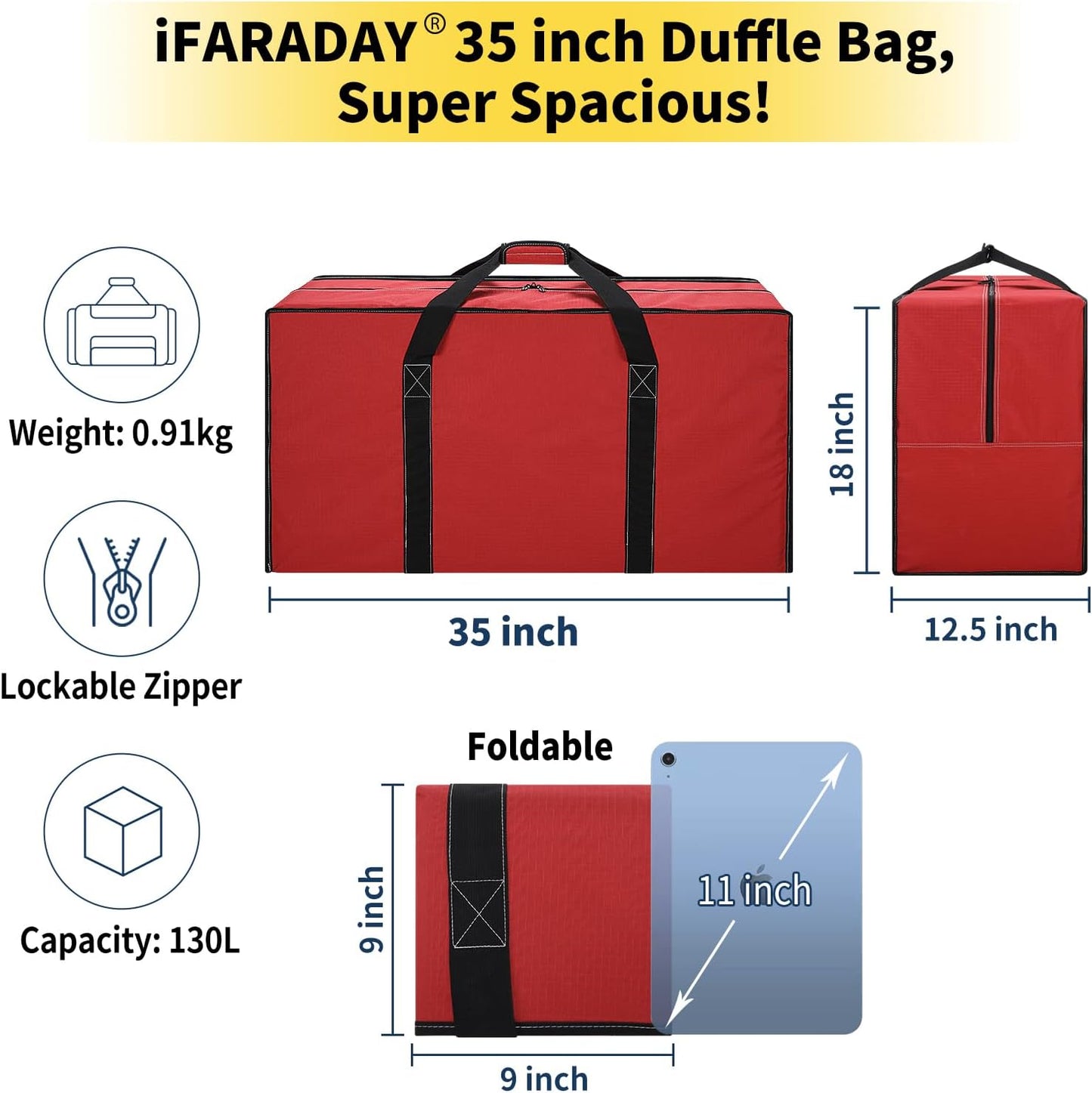 130L Extra Large Duffle Bag - 35 inch Heavy Duty & Water Resistant Duffel Bag Durable Luggage Storage Bag for Camping, Travel, Sports (Red)