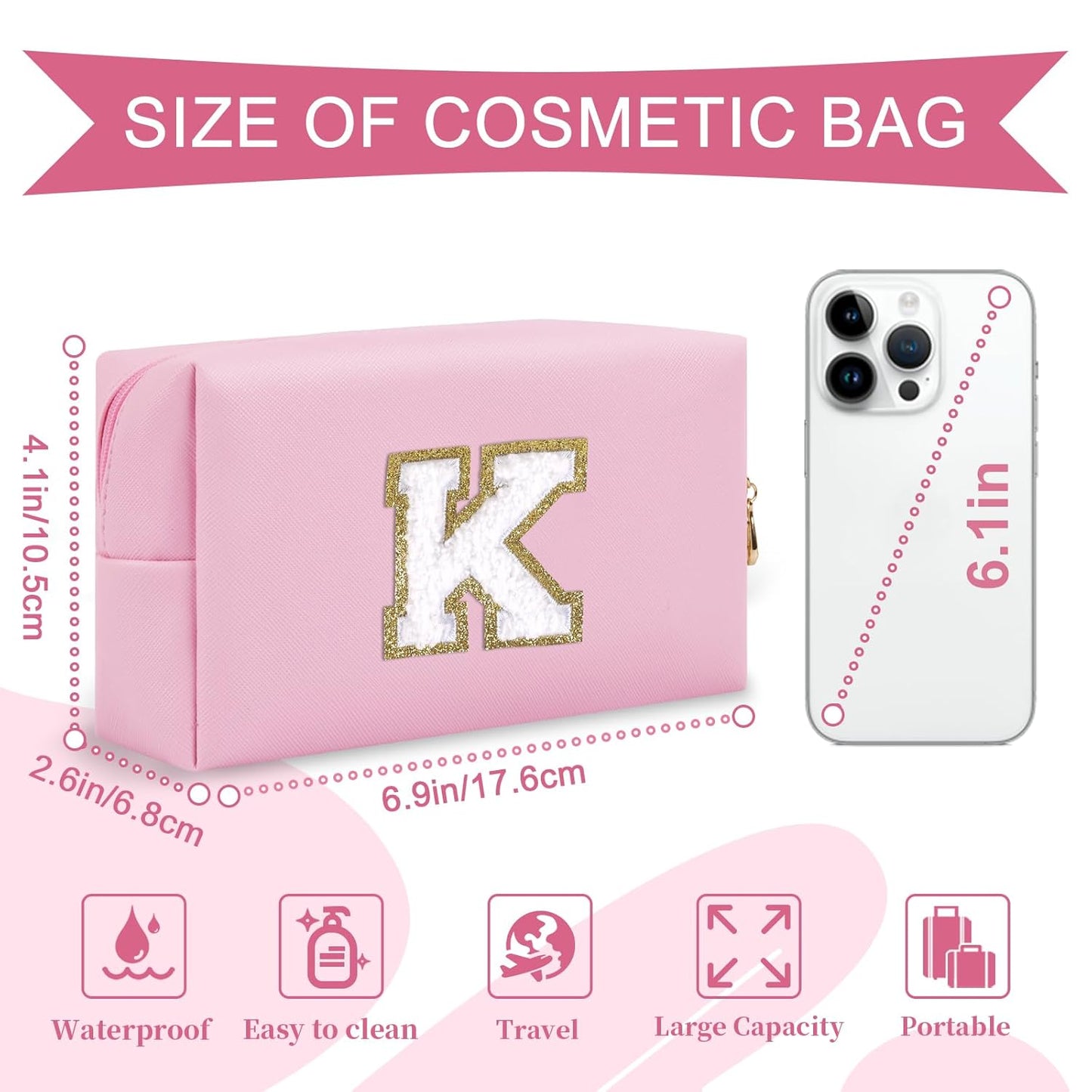 Personalized Initial A-Z Preppy Patch Makeup Bag,Small PU Chenille Letter Cosmetic Bag with Zipper for Teen Girls,Pink Cute Toiletry Organizer Bag,Monogram Makeup Case Gift for Women Girls,Letter K