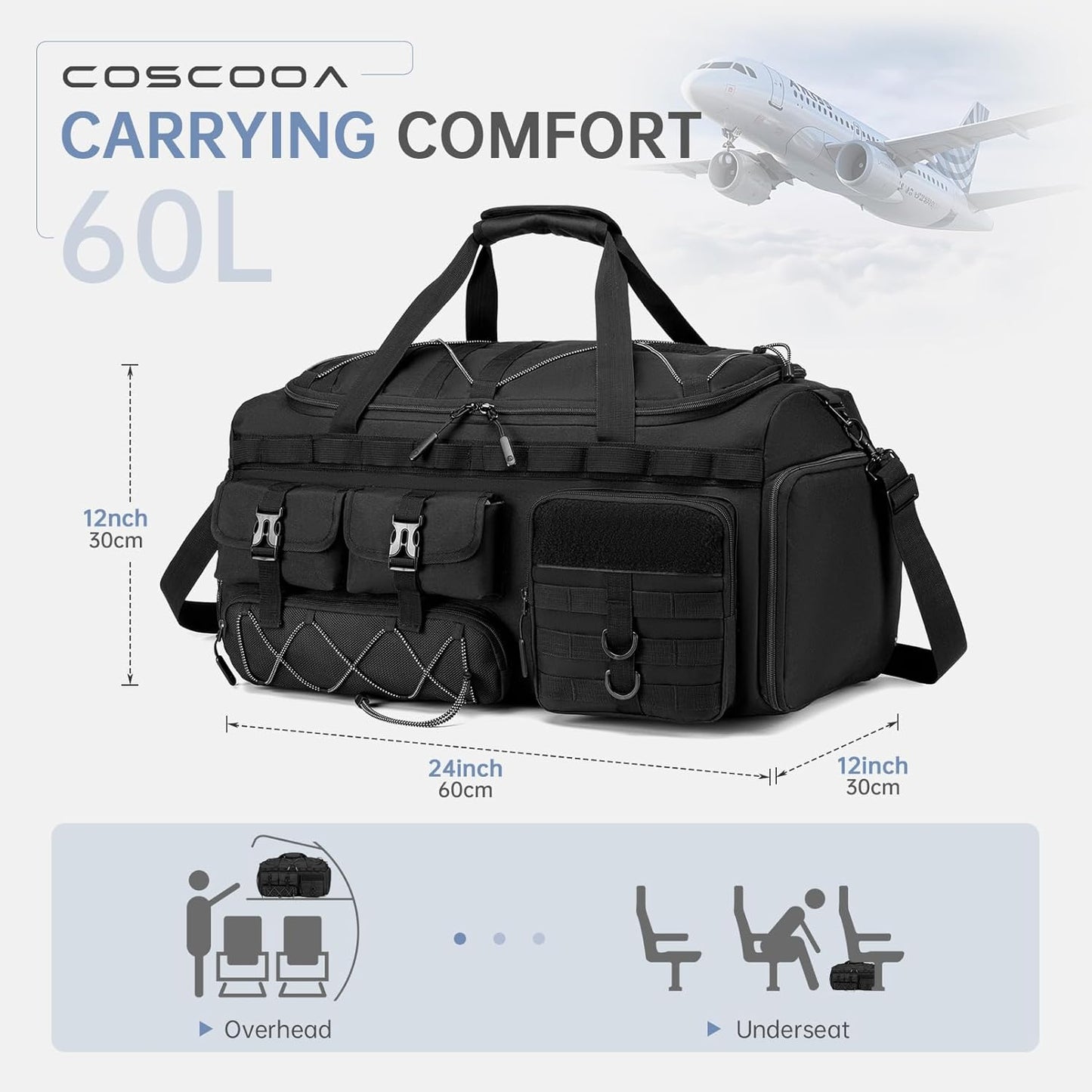 Gym Bags for Men with Shoe Compartment 50L Tactical Duffle Bag 3 in 1 Carry on Duffel Bag Travel Backpack Weekender Overnight Range Bag for Workout Football, Black