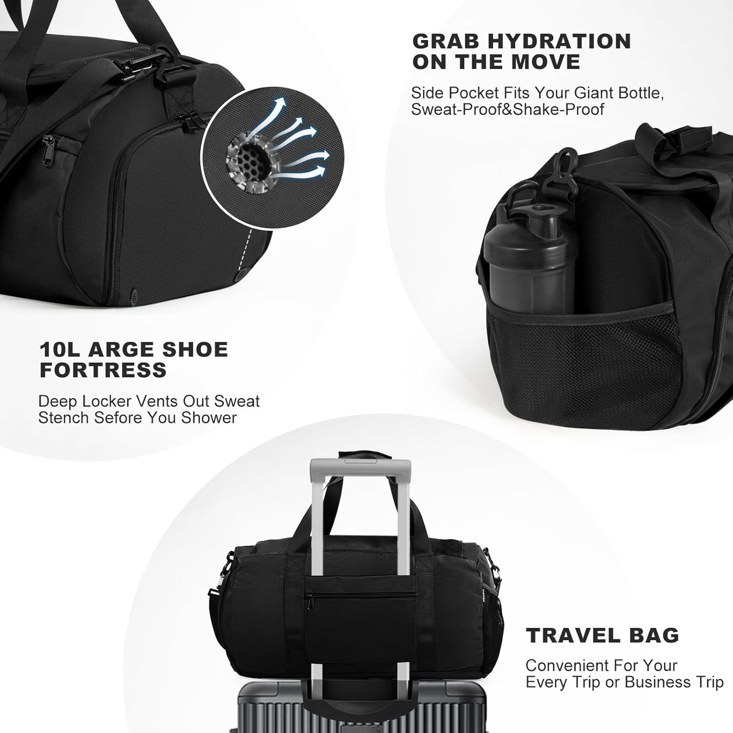Gym Bag for Men Women With Shoe Compartment & Wet PocketWater Resistant Sports Gym Bag 、shoulder bag、messenger bag Carry On Duffel Bag forWeekend Overnight Traveling (black)