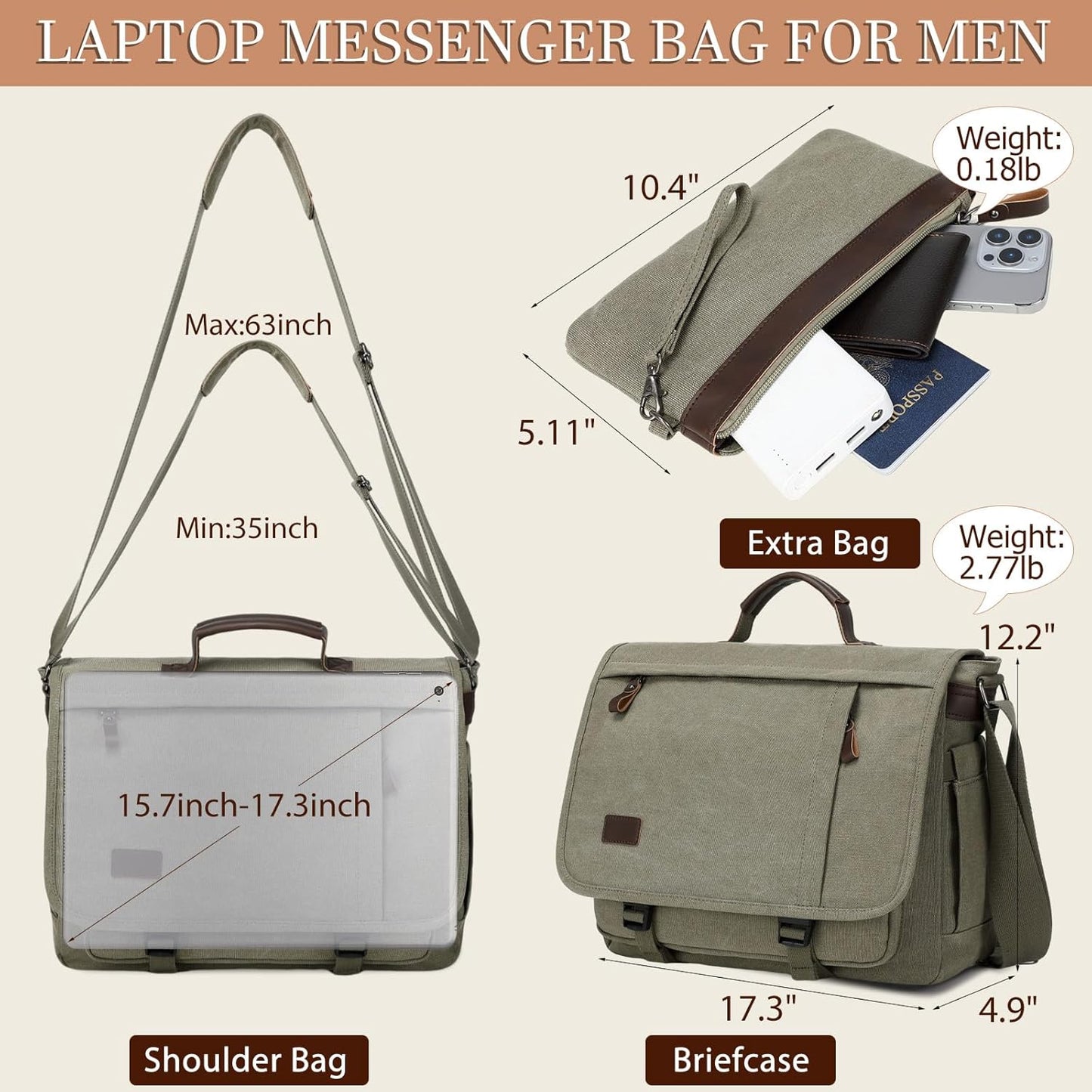 17.3 Inch Messenger Bag for Men: 2PCS Laptop Bag PU Leather Canvas Work Briefcase Large Office