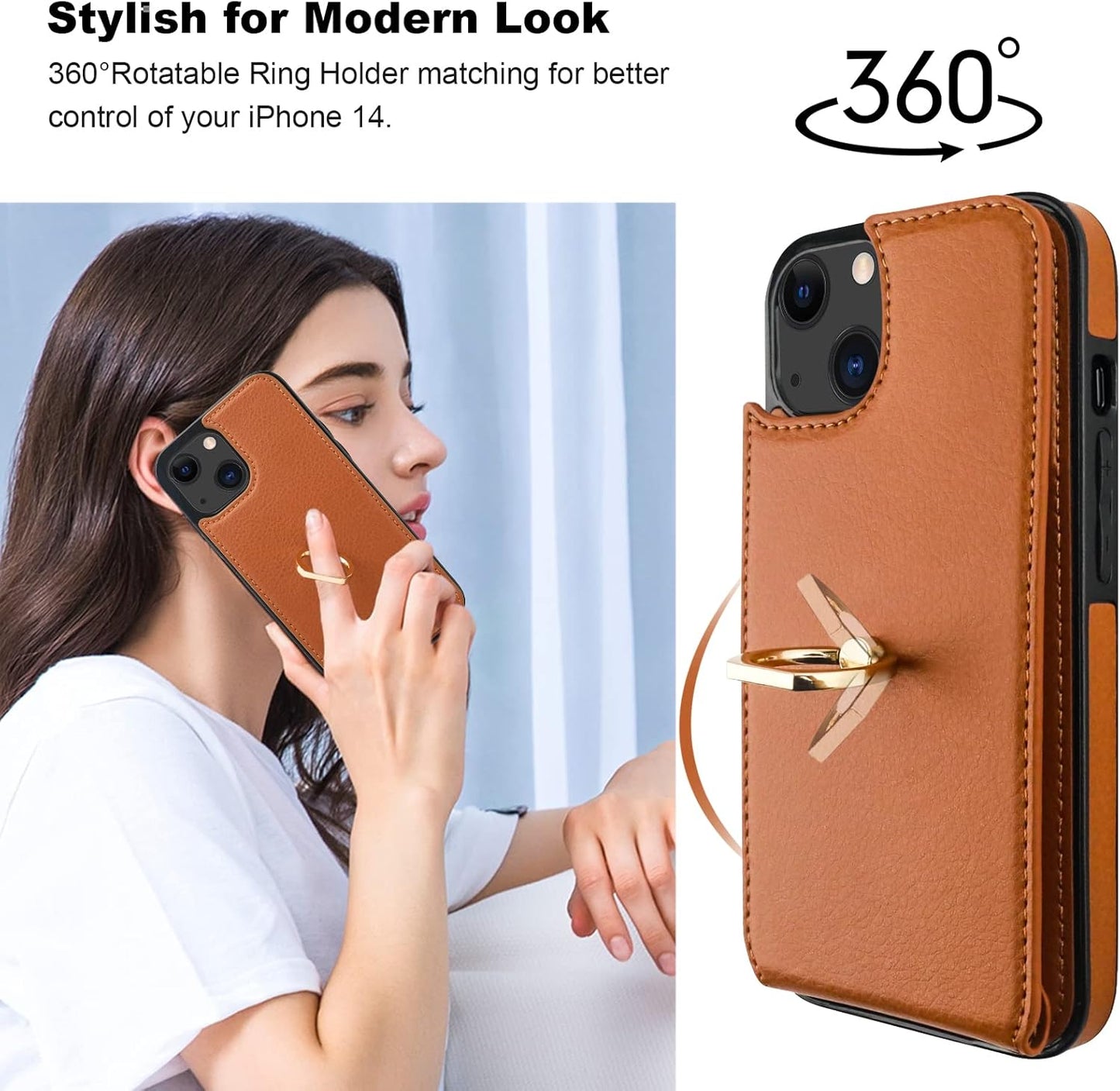 Folosu Compatible with iPhone 14 Case Wallet with Card Holder, 360°Rotation Finger Ring Holder Kickstand, RFID Blocking Leather Protective Double Buttons Shockproof Cover 6.1 Inch Brown