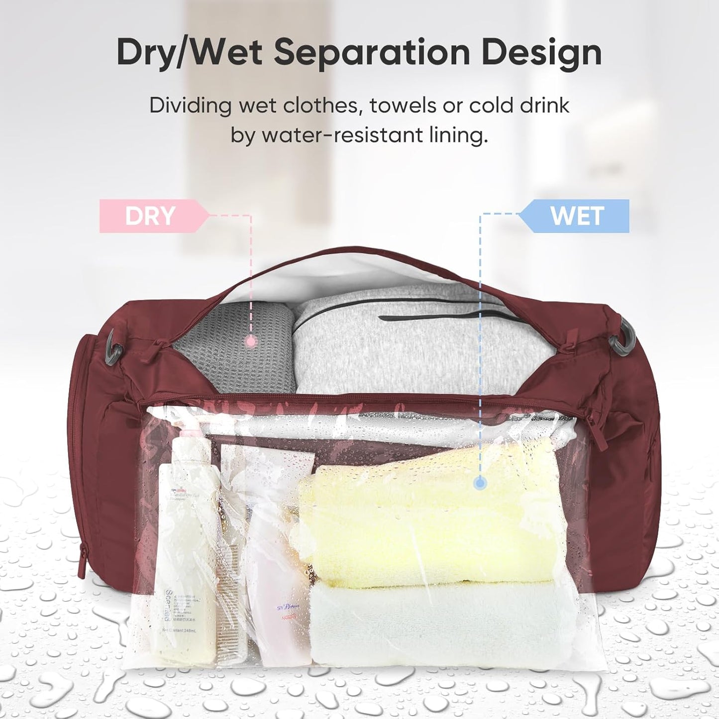 BALEINE Gym Bag for Women and Men, Duffel Bag for Sports, Gyms and Weekend Getaway, Waterproof Dufflebag with Shoe and Wet Clothes Compartments, Lightweight Carryon Gymbag (Red)