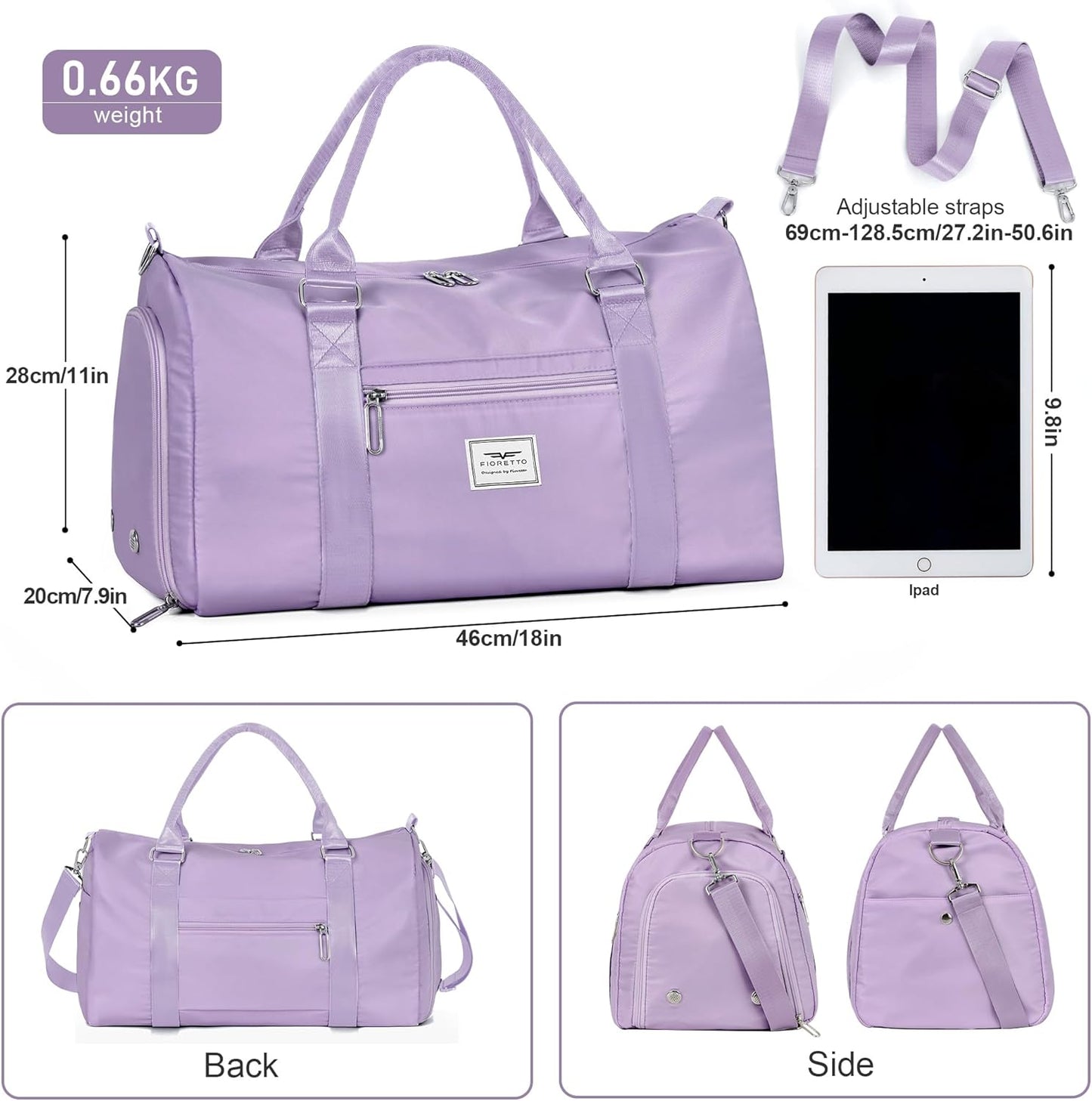 FIORETTO Womens Gym Tote Duffle Bag with Wet Pocket & Shoe Compartment, Sports Duffel Overnight Weekender Hospital Workout Carry on Bag for Girls, Ideal for Travel, Swimming, Dance, Ballet Purple