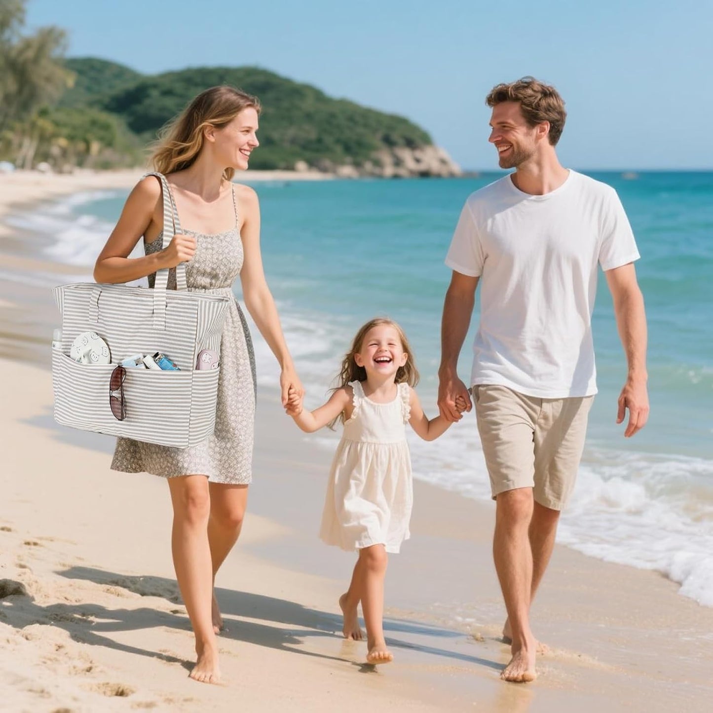 LEDAOU Beach Bag Waterproof Sandproof Women Tote Bag Pool Bag with Zipper for Gym Grocery Travel with Wet Pocket