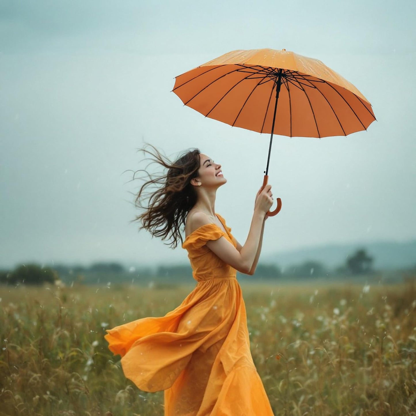 SoulRain 16 Ribs 48" Stick Umbrella Auto Open Solid Color Fashionable and Simple，Arc Classic Wood Handle，Windproof Unbreakable Stick Rain Umbrella