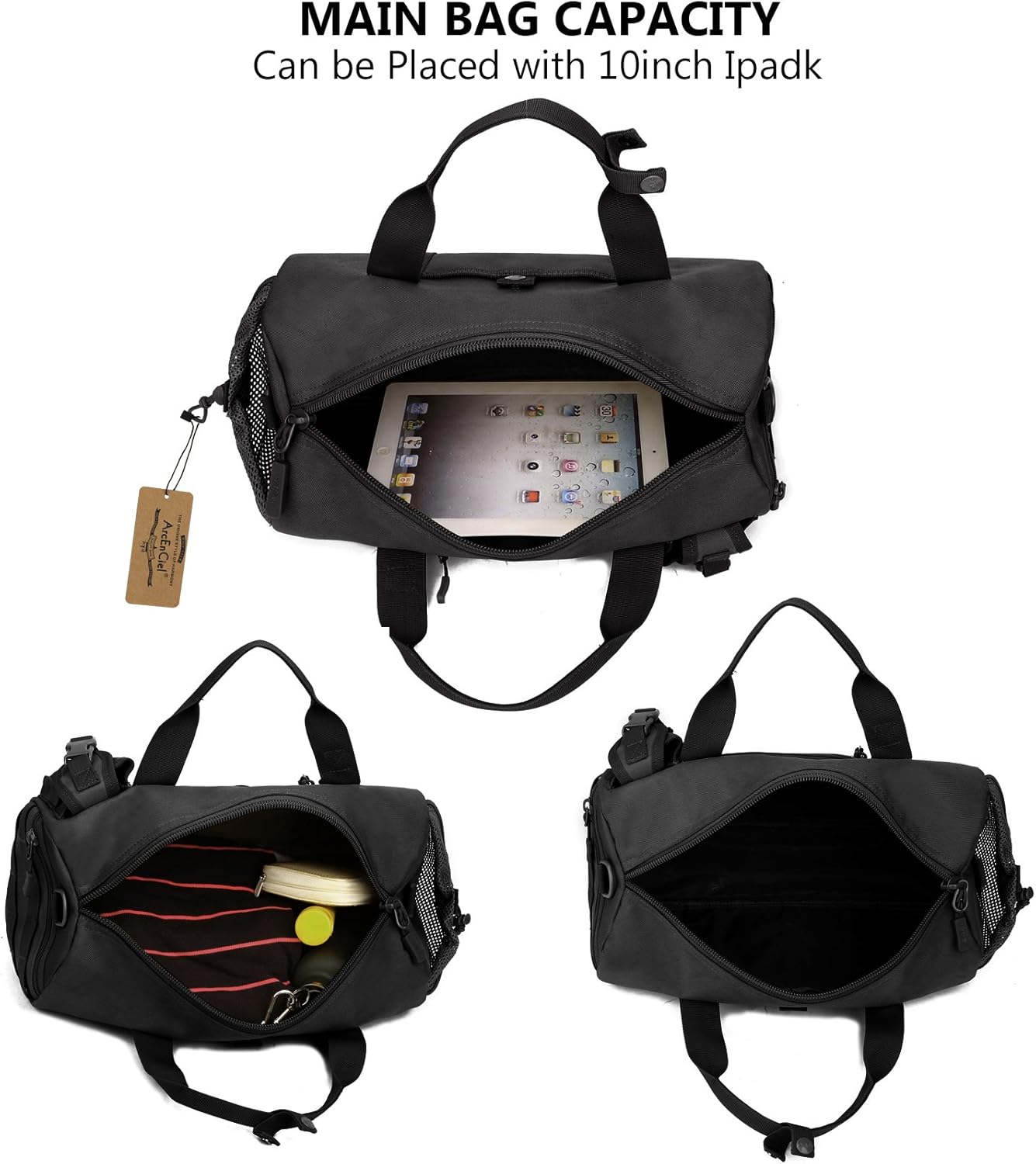 ArcEnCiel Small Tactical Duffle Bag Men Gym Pack Military Molle Shoulder Bags Shoes Storage Sports Handbag with Patch (Black)