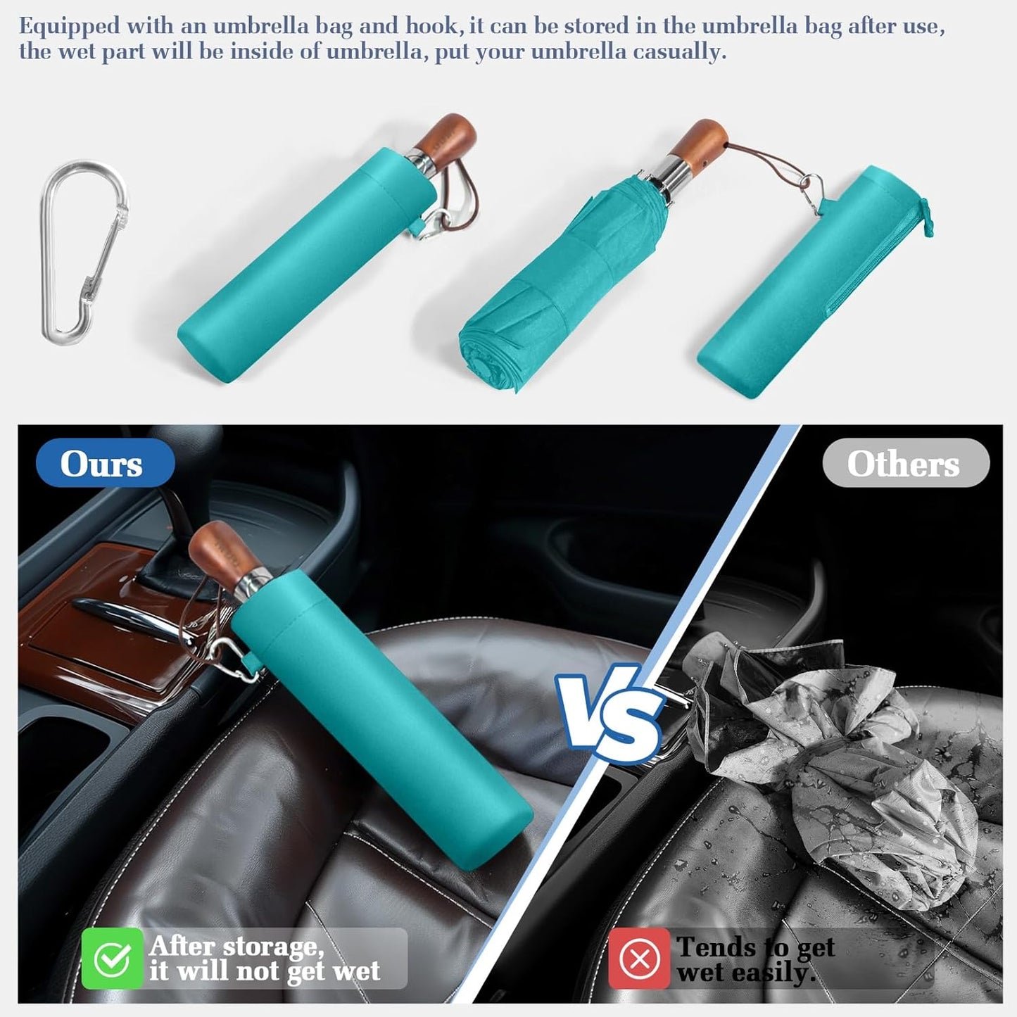 Umbrella Strong Windproof, Triple-Layer Canopy, 10 Fiberglass Ribs, Auto Open/Close, Wooden Handle, Sleeve with Anti-Loss Hook, Umbrellas for Travel & Commute & Daily Use & Gift