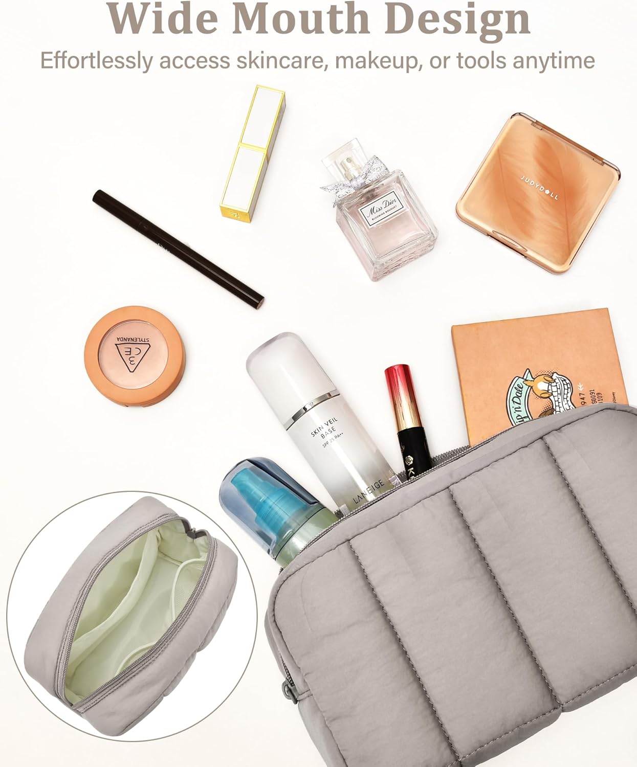 oscaurt 2 Pcs Makeup Bag Travel Toiletry Bag for Women Puffy Padded Cosmetic Pouch Purse Wide-open Makeup Organizer Case Travel Essentials