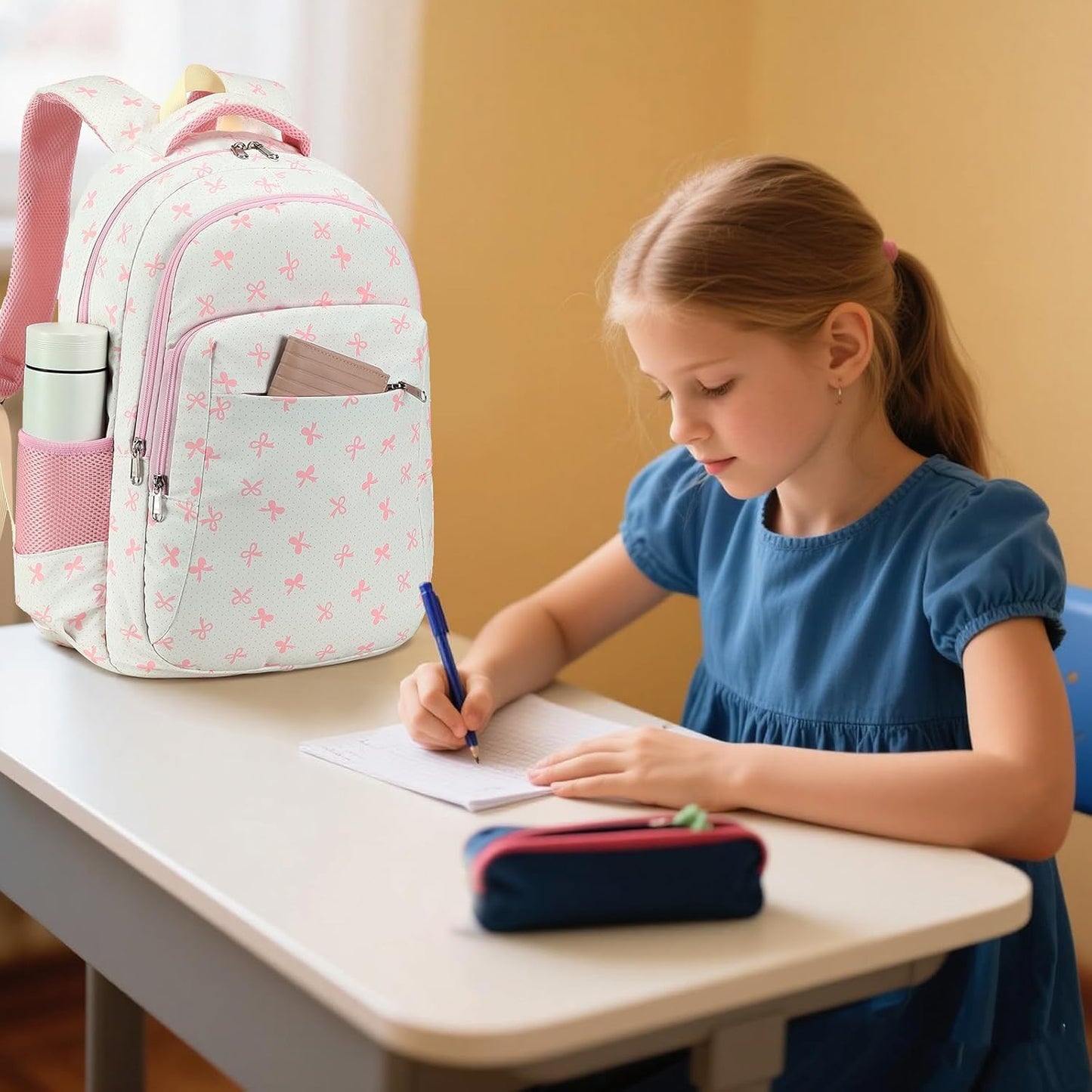 LEDAOU School Backpack for Girls Boys Kids Bookbag Elementary Primary Middle School Bag Travel Back Pack for Ages 6-14 (Pink Bow)