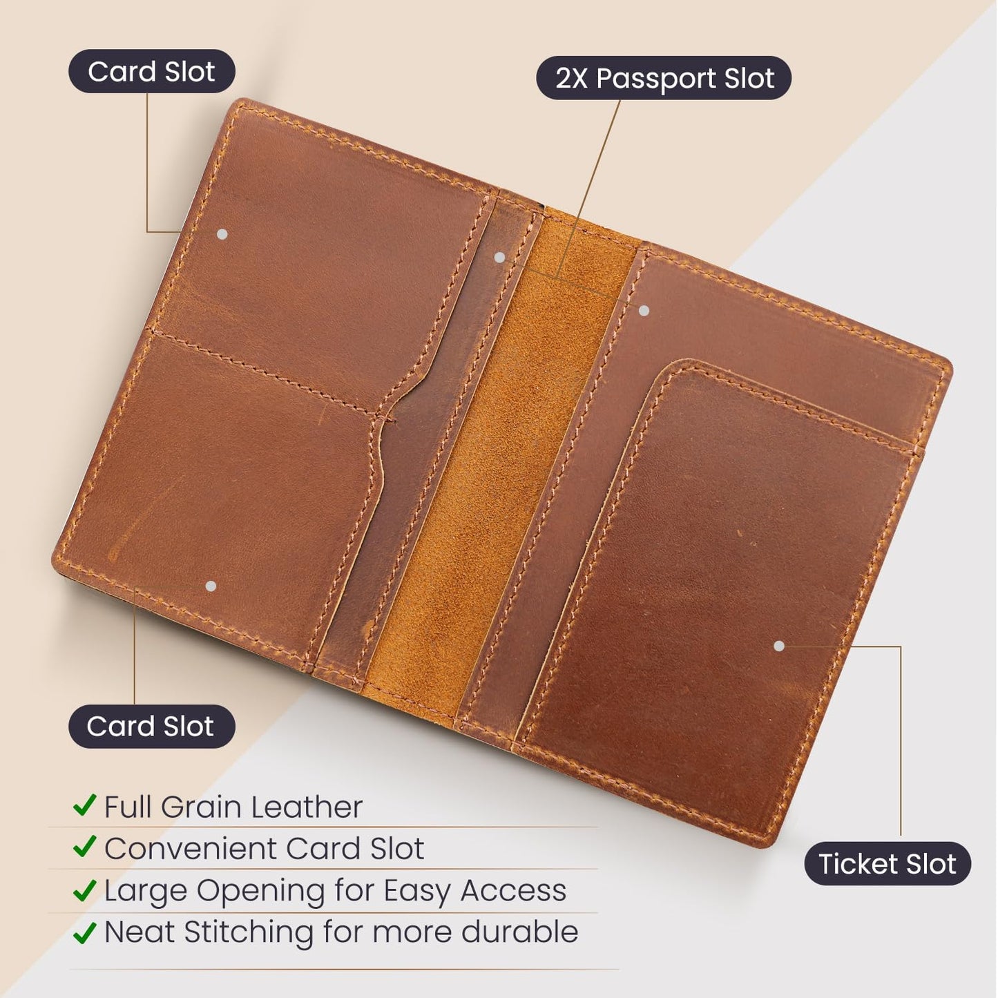 Leather Passport Holder with Travel Wallet, Genuine Leather Passport Cover- Passport Wallet, Leather Folding Wallet for Passports (Straight Cut, Brown)