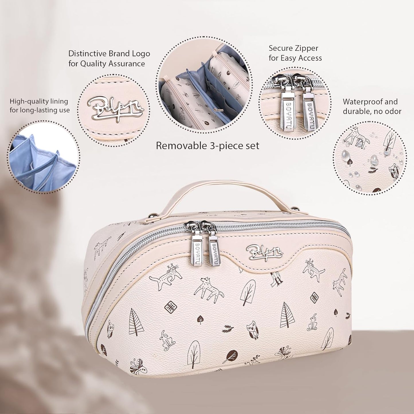 BOYATU Travel Makeup Bag Cosmetic Bags for Women: 3 Pcs Set Portable Make up Bag with Handle - Vegan Leather Toiletry Bags with Compartments - Makeup Organizer for Travel Essentials(L-4-White)