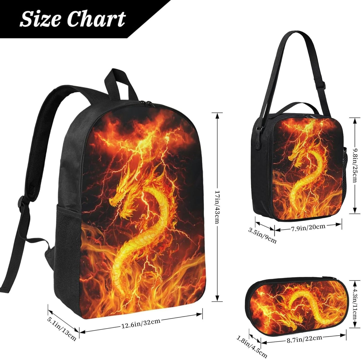 Dragon Kid Backpack Set with Lunch Bag & Pencil Case Large Capacity School Bag 17 Inch Bookbag for Boy Girl