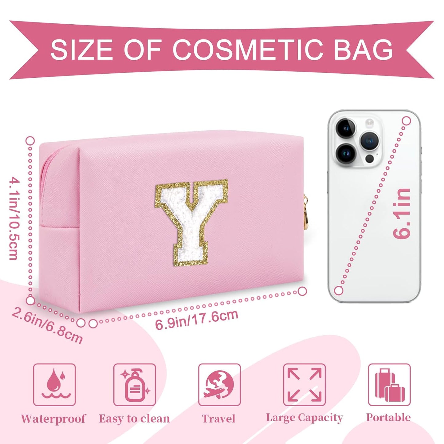 Personalized Initial A-Z Preppy Patch Makeup Bag,Small PU Chenille Letter Cosmetic Bag with Zipper for Teen Girls,Pink Cute Toiletry Organizer Bag,Monogram Makeup Case Gift for Women Girls,Letter Y