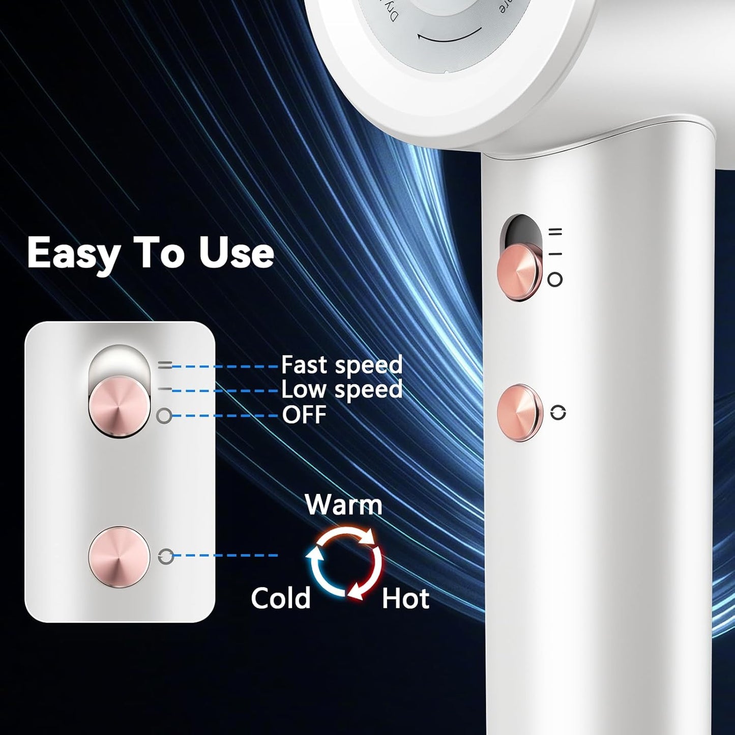 High Speed Hair Blow Dryer｜Professional Salon Grade Air Speed, Negative Ion Hair Care｜Quiet Design｜Suitable for Thick Hair/Styling with Nozzle & Diffuser, Long Motor Lifespan