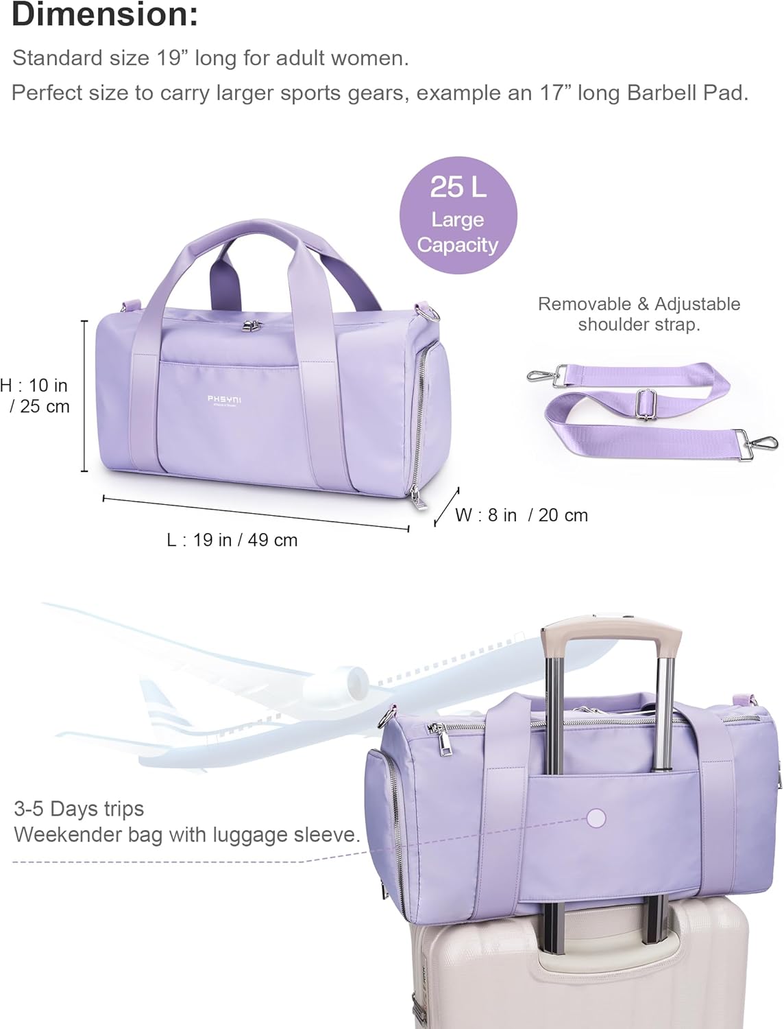 Gym Bag for Women Girls with Shoe Compartment & Wet Pocket - Duffle Bag for Travel Sports Fitness Workout Athletic, 19"-Medium, Purple