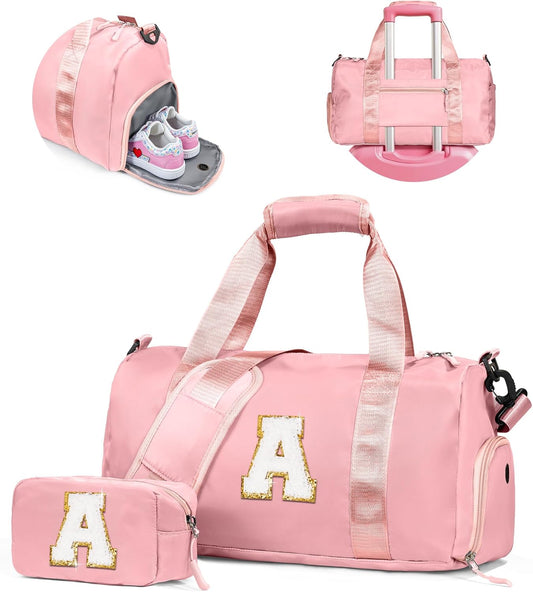 Birthday Gift for Daughter-Girl Gym Bag with Shoe Compartment, Kid Personalized Weekender Overnight Bags, Initial Travel Tote with Makeup Pouch, Cute Preppy Gifts for Girls (Letter A)