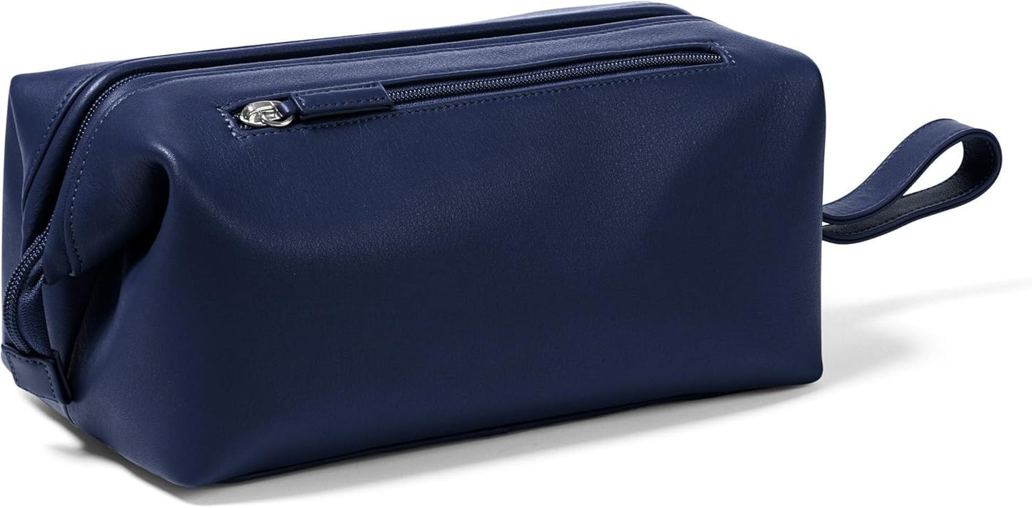 Leatherology Navy Blue Framed Toiletry Bag – Full Grain Leather Dopp Kit for Men with Wide-Mouth Opening, Interior & Exterior Zippered Pockets, Water-Resistant Lining