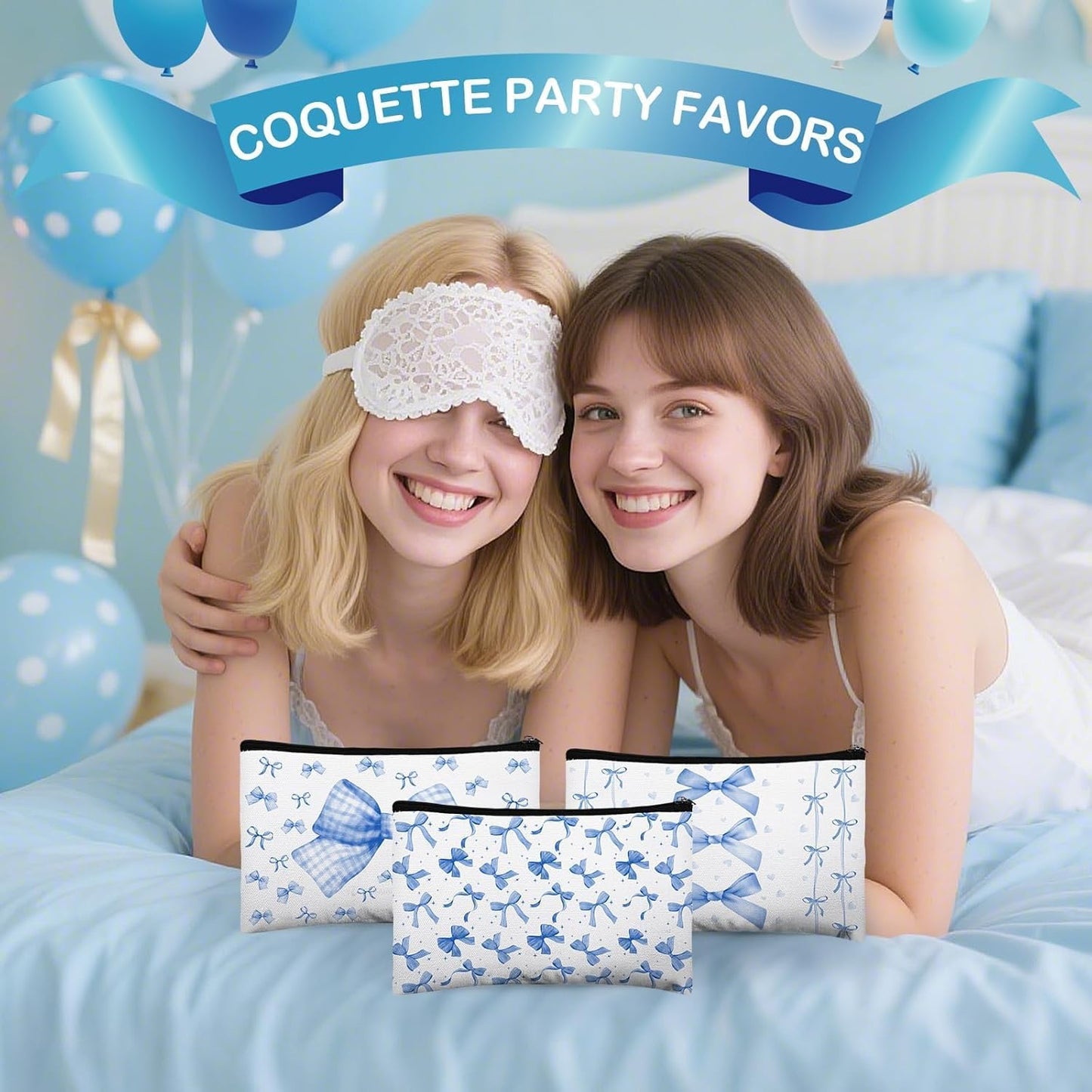 16 Pcs Bow Makeup Bags Bulk for Women Blue Coquette Aesthetic Preppy Cosmetic Bags Bow Floral Canvas Toiletry Bags Aesthetic Travel Zipper Pouches for Bridesmaids Wedding Party Favors Supplies